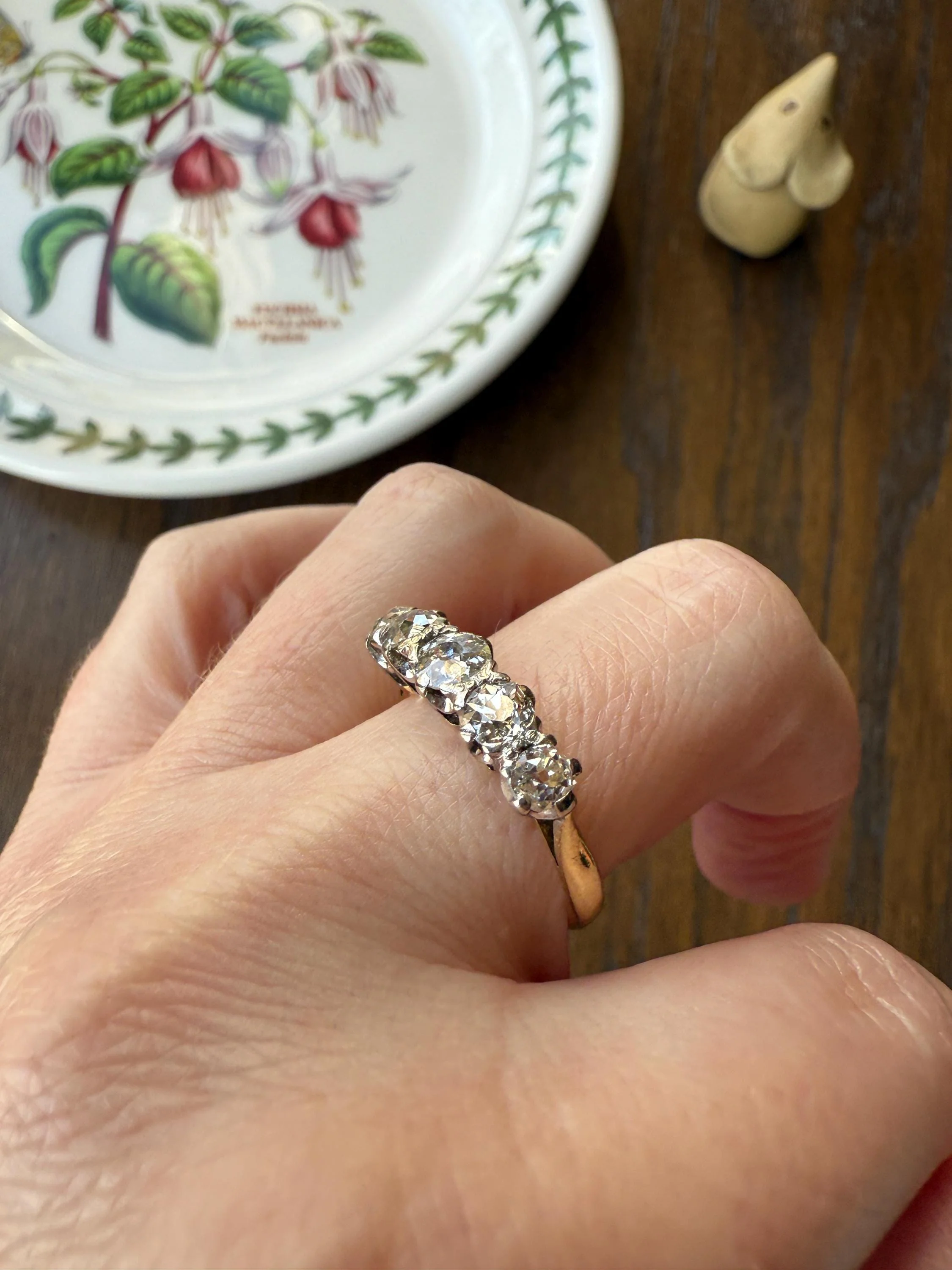Antique 1.3 Carat Warm Old Mine Cut DIAMOND 5 Five Stone Band Ring 18k Gold Linear Art Deco Romantic Gift Stacker Wedding - Image 11