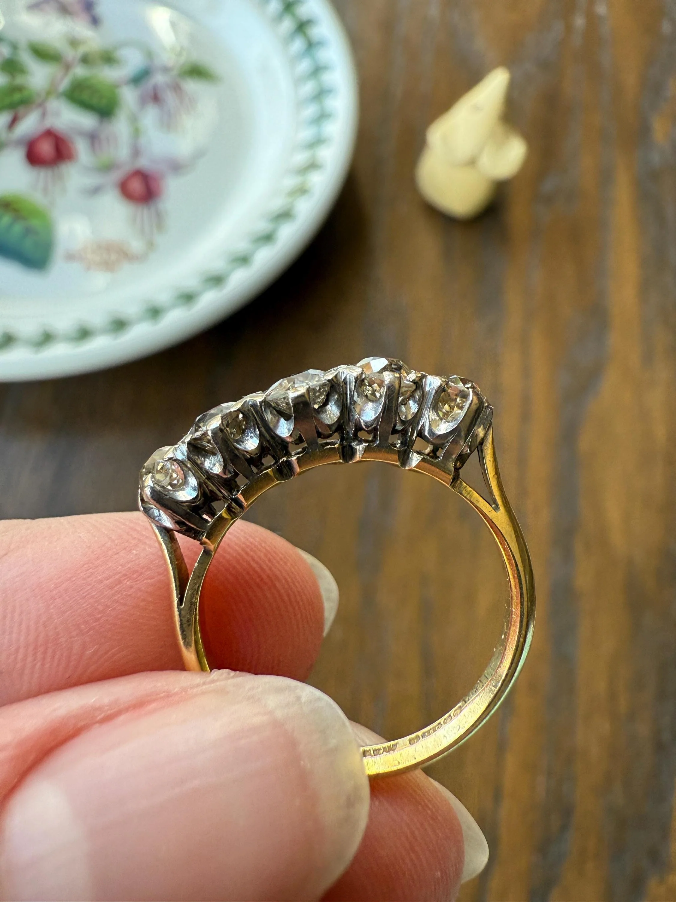 Antique 1.3 Carat Warm Old Mine Cut DIAMOND 5 Five Stone Band Ring 18k Gold Linear Art Deco Romantic Gift Stacker Wedding - Image 13