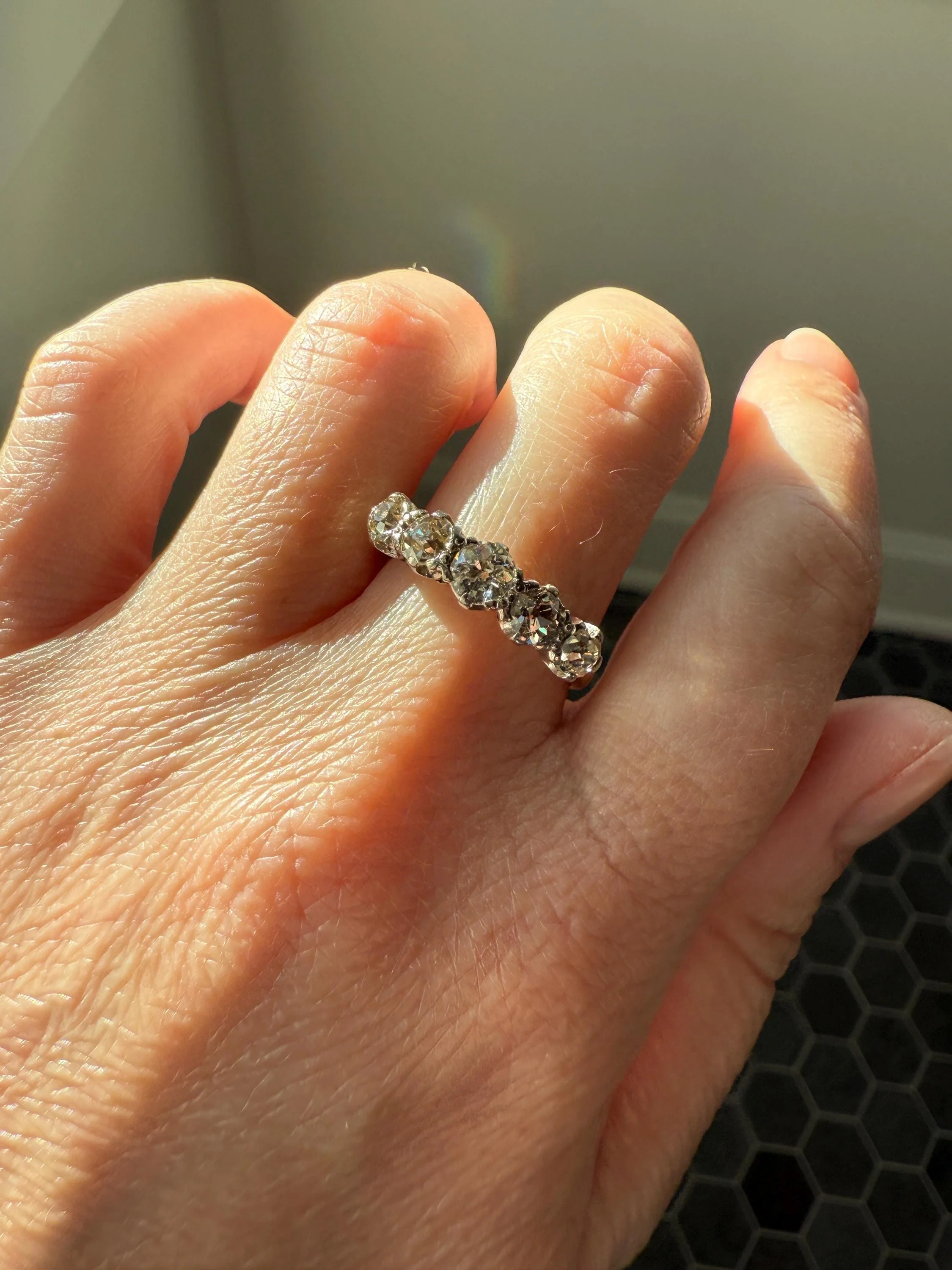 Antique 1.3 Carat Warm Old Mine Cut DIAMOND 5 Five Stone Band Ring 18k Gold Linear Art Deco Romantic Gift Stacker Wedding - Image 14