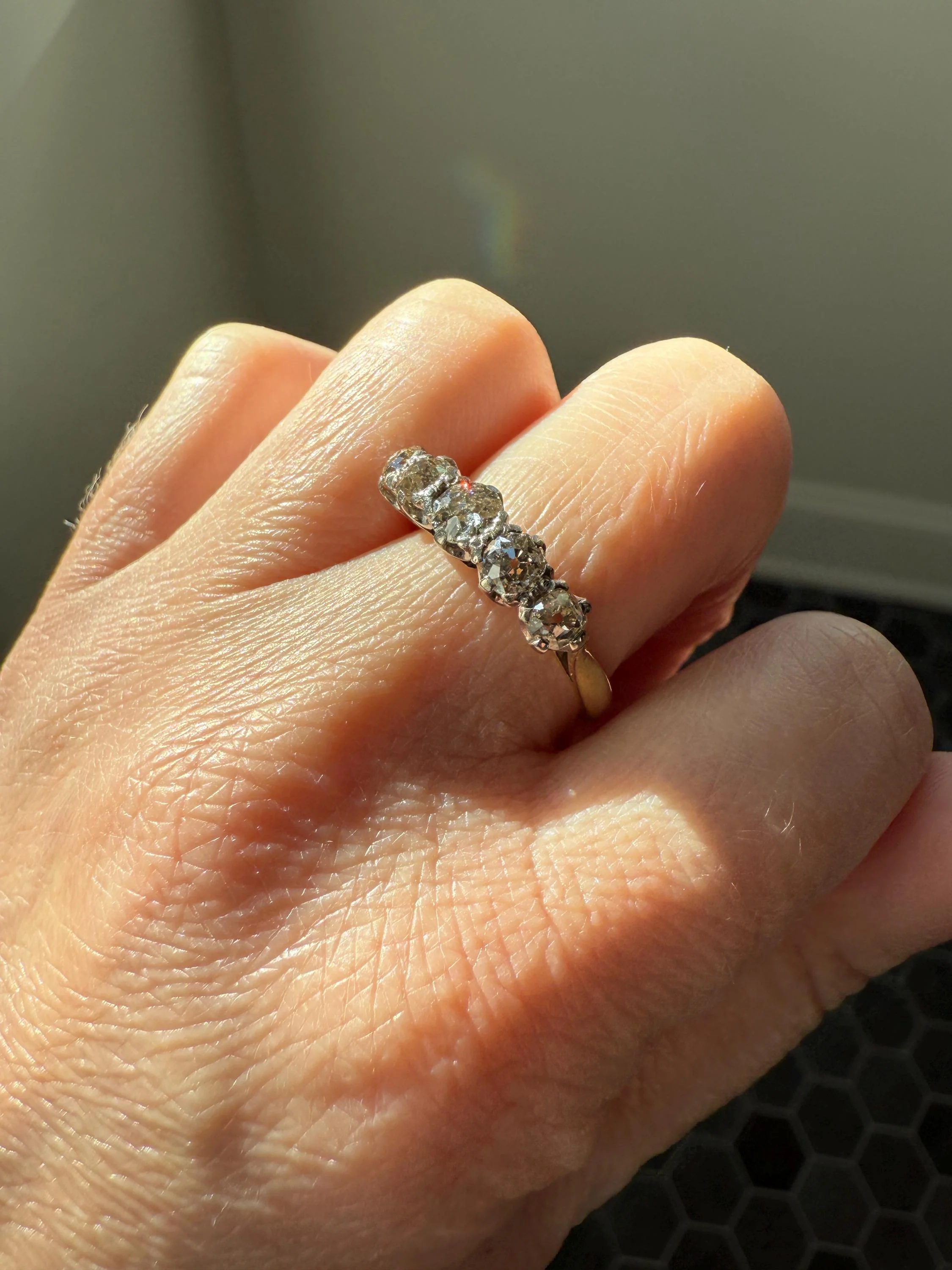 Antique 1.3 Carat Warm Old Mine Cut DIAMOND 5 Five Stone Band Ring 18k Gold Linear Art Deco Romantic Gift Stacker Wedding - Image 16