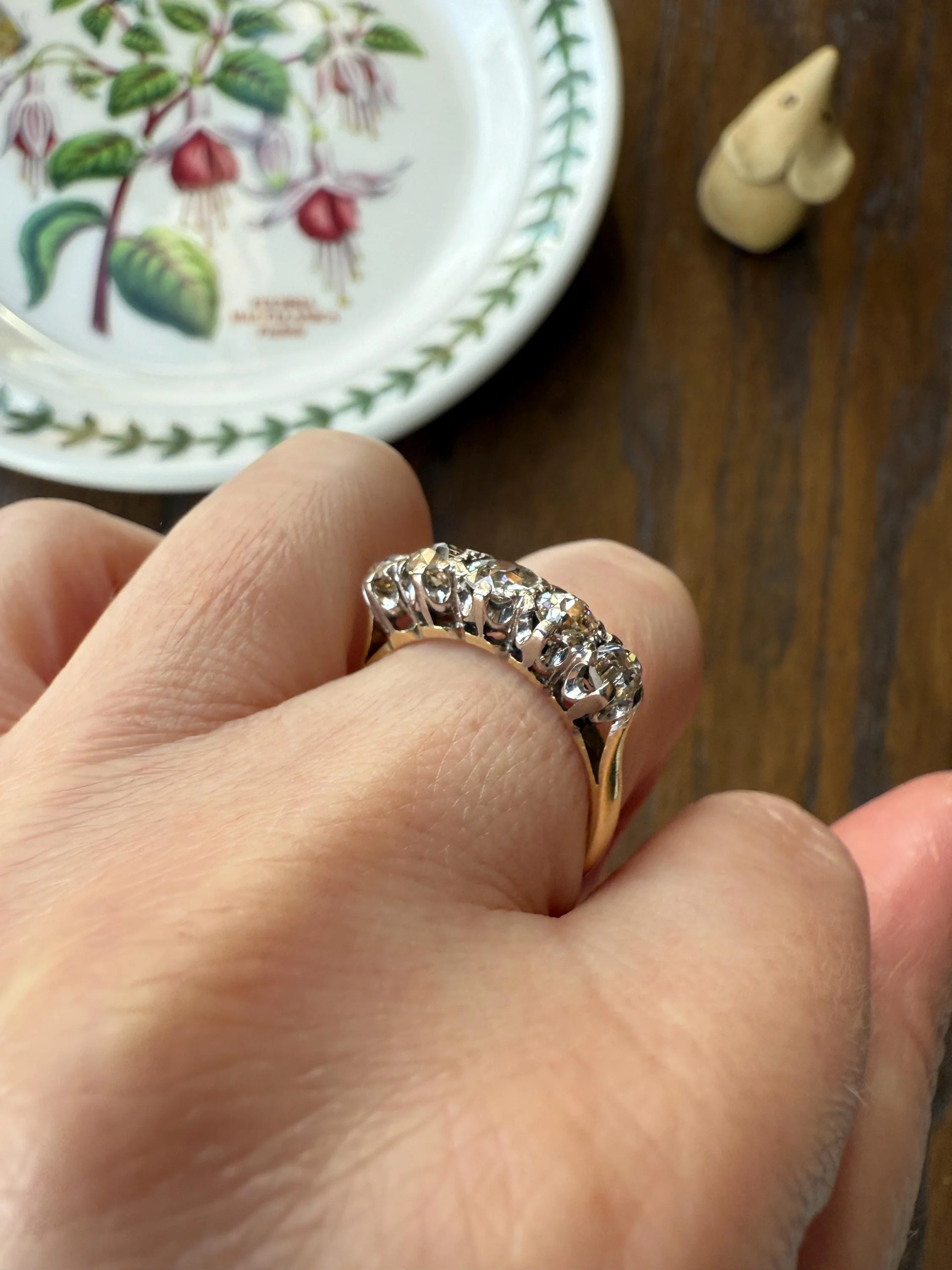 Antique 1.3 Carat Warm Old Mine Cut DIAMOND 5 Five Stone Band Ring 18k Gold Linear Art Deco Romantic Gift Stacker Wedding - Image 17