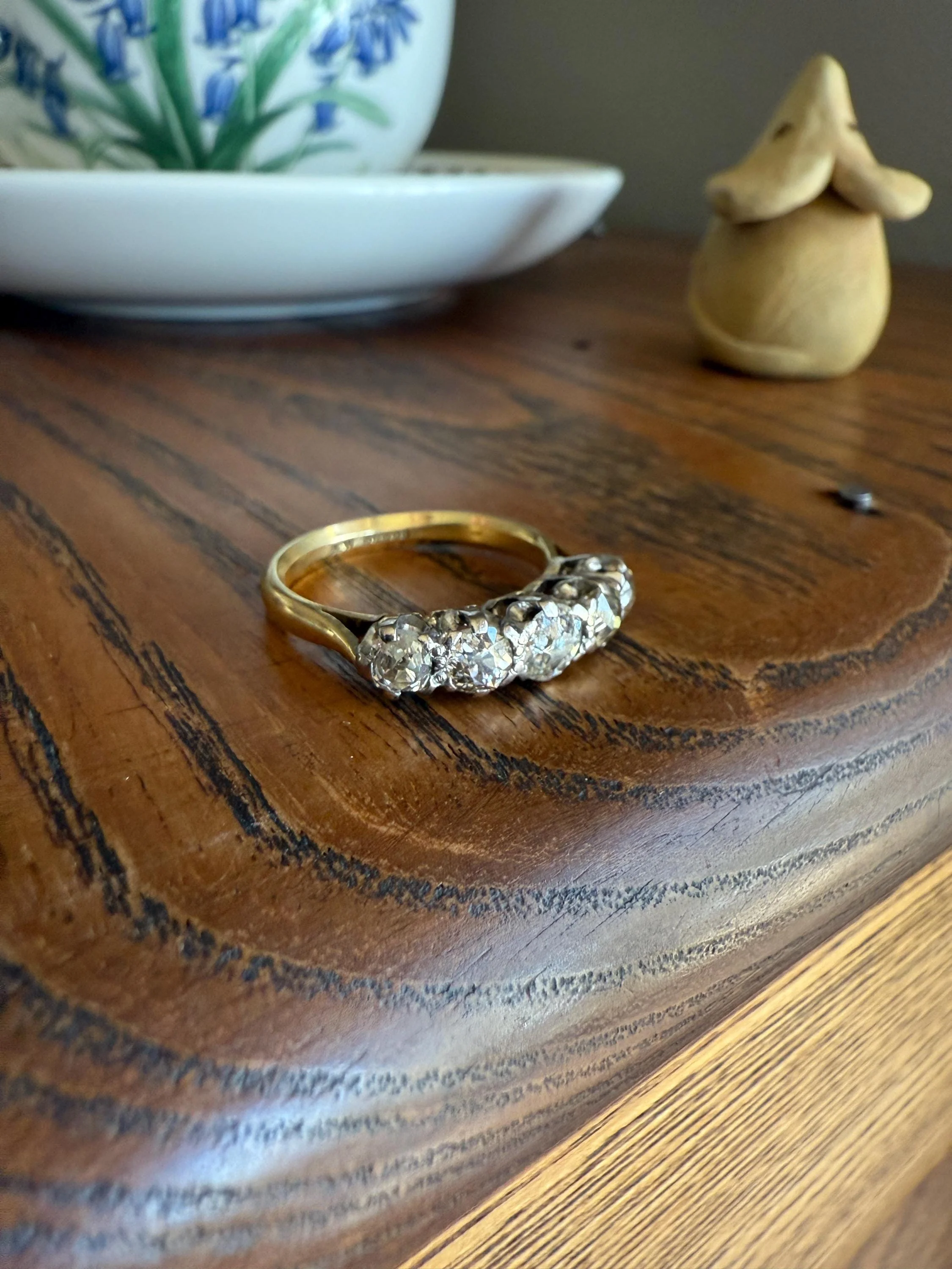 Antique 1.3 Carat Warm Old Mine Cut DIAMOND 5 Five Stone Band Ring 18k Gold Linear Art Deco Romantic Gift Stacker Wedding - Image 18