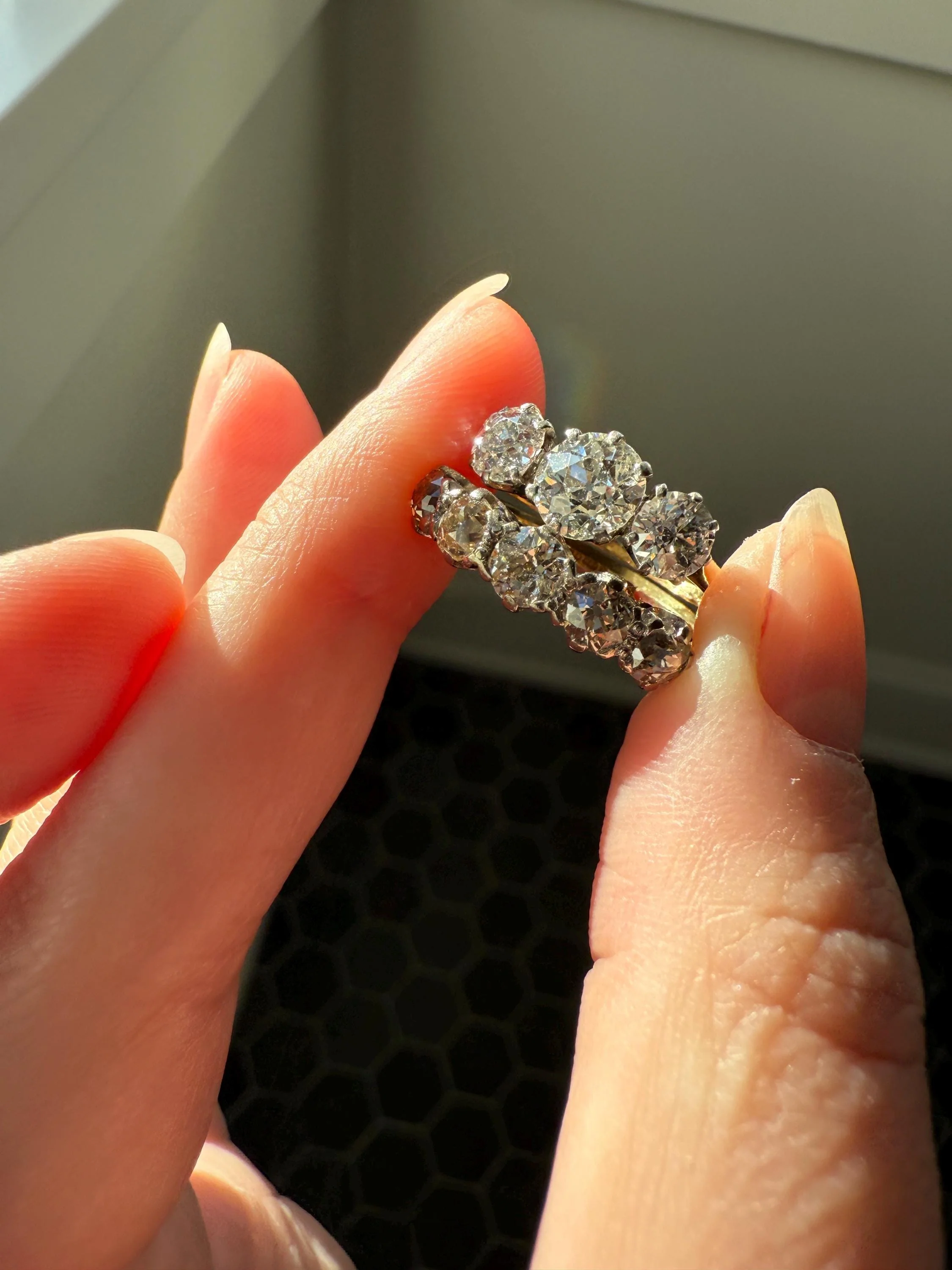Antique 1.3 Carat Warm Old Mine Cut DIAMOND 5 Five Stone Band Ring 18k Gold Linear Art Deco Romantic Gift Stacker Wedding - Image 3