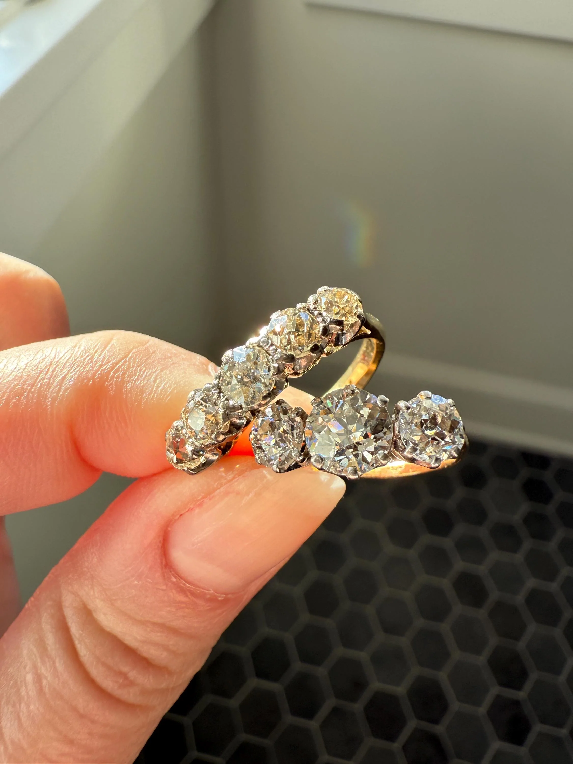 Antique 1.3 Carat Warm Old Mine Cut DIAMOND 5 Five Stone Band Ring 18k Gold Linear Art Deco Romantic Gift Stacker Wedding - Image 6