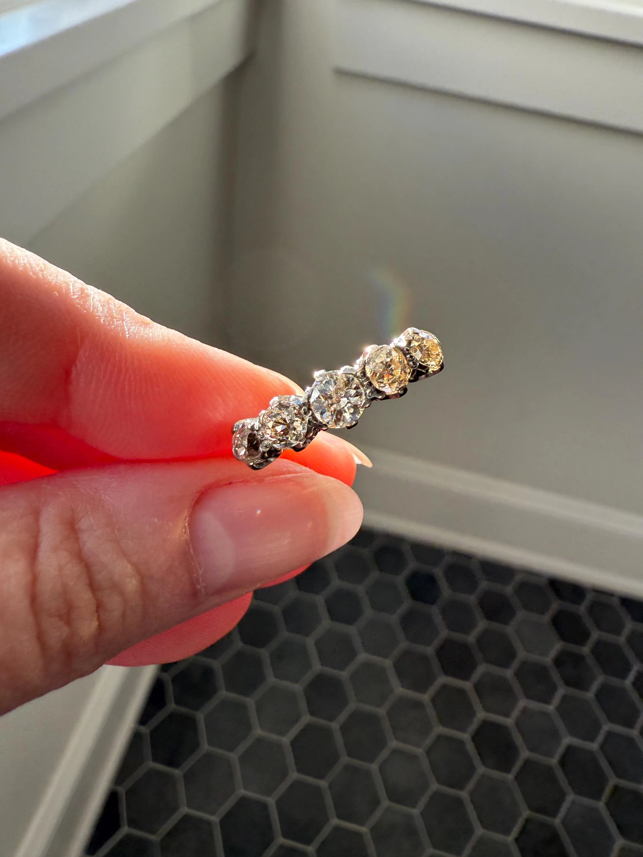 Antique 1.3 Carat Warm Old Mine Cut DIAMOND 5 Five Stone Band Ring 18k Gold Linear Art Deco Romantic Gift Stacker Wedding - Image 7