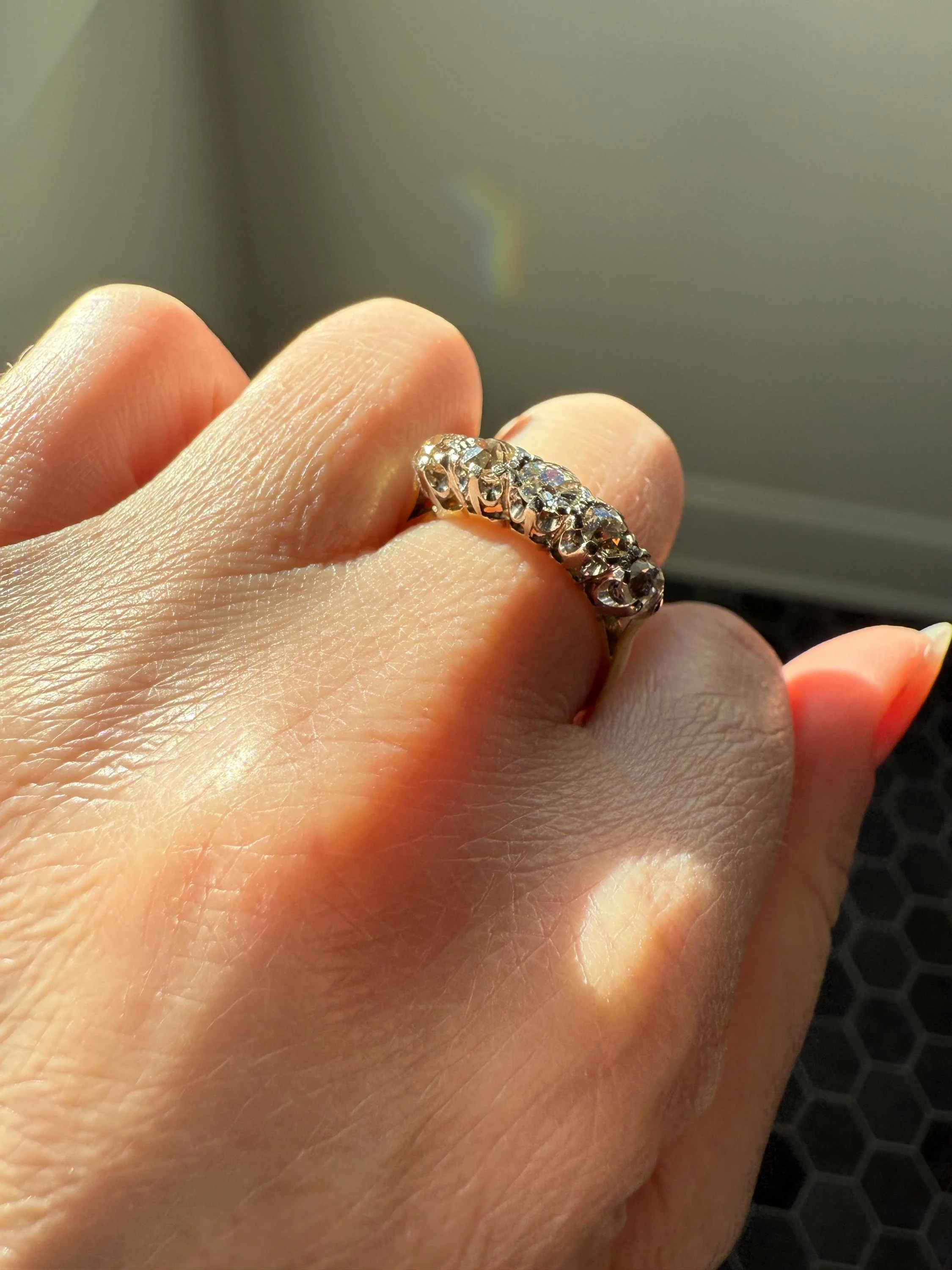 Antique 1.3 Carat Warm Old Mine Cut DIAMOND 5 Five Stone Band Ring 18k Gold Linear Art Deco Romantic Gift Stacker Wedding - Image 8
