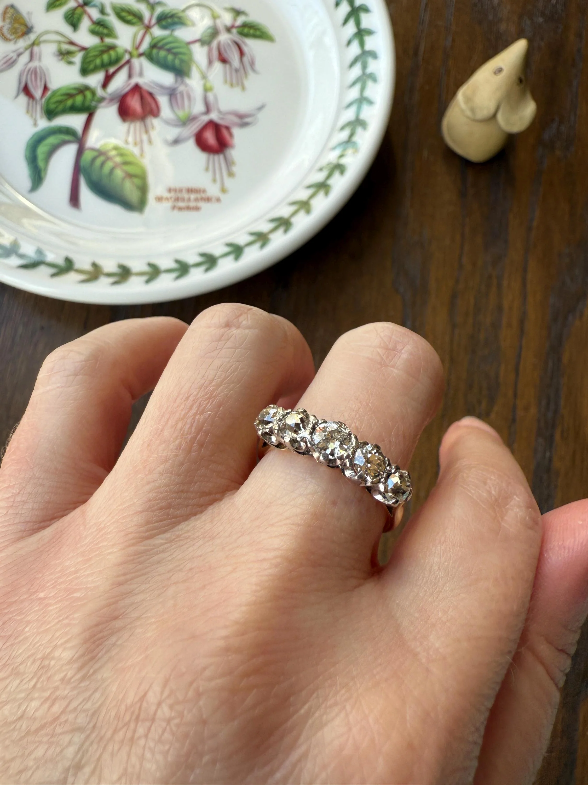 Antique 1.3 Carat Warm Old Mine Cut DIAMOND 5 Five Stone Band Ring 18k Gold Linear Art Deco Romantic Gift Stacker Wedding - Image 9
