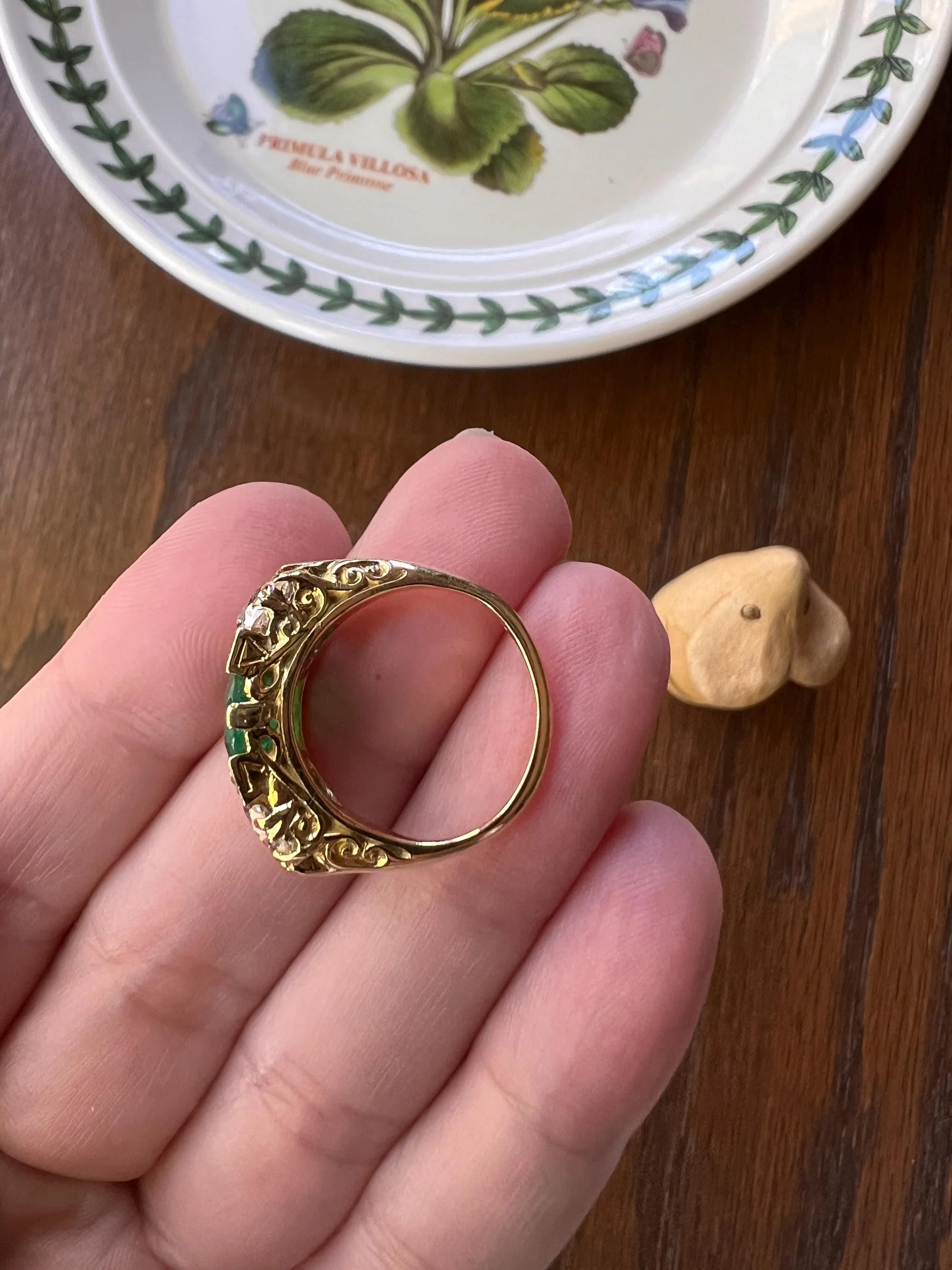 Antique 1.5 Carat Natural EMERALD & 1.9 Carat Tdw Eye Clean Old Mine Cut DIAMOND Three Stone Ring 18k Gold - Image 11