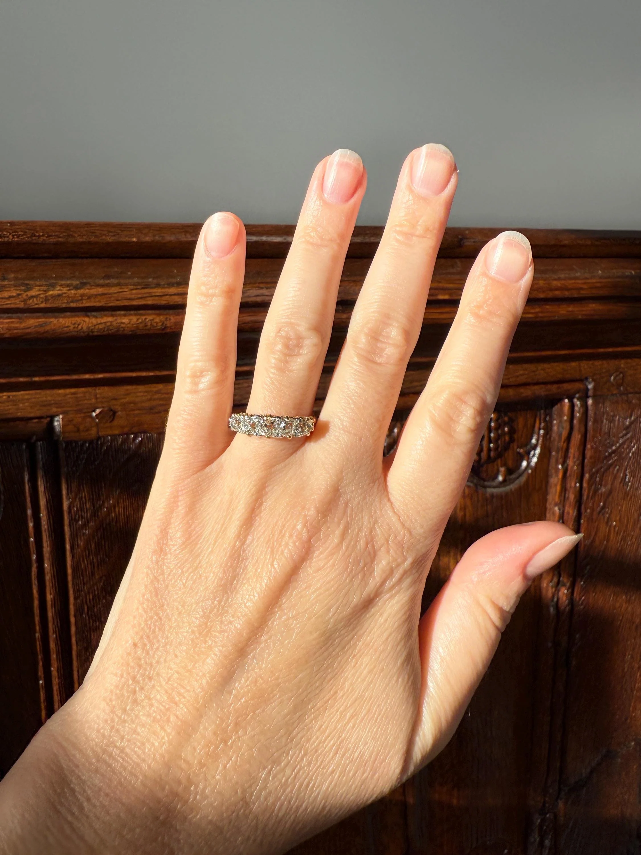 Antique 1.5 Carat Old Mine Cut DIAMOND 5 Five Stone Band Ring 18k Gold Rose Cut Spacers Gemset Prongs Scrolled Victorian Romantic Gift - Image 10