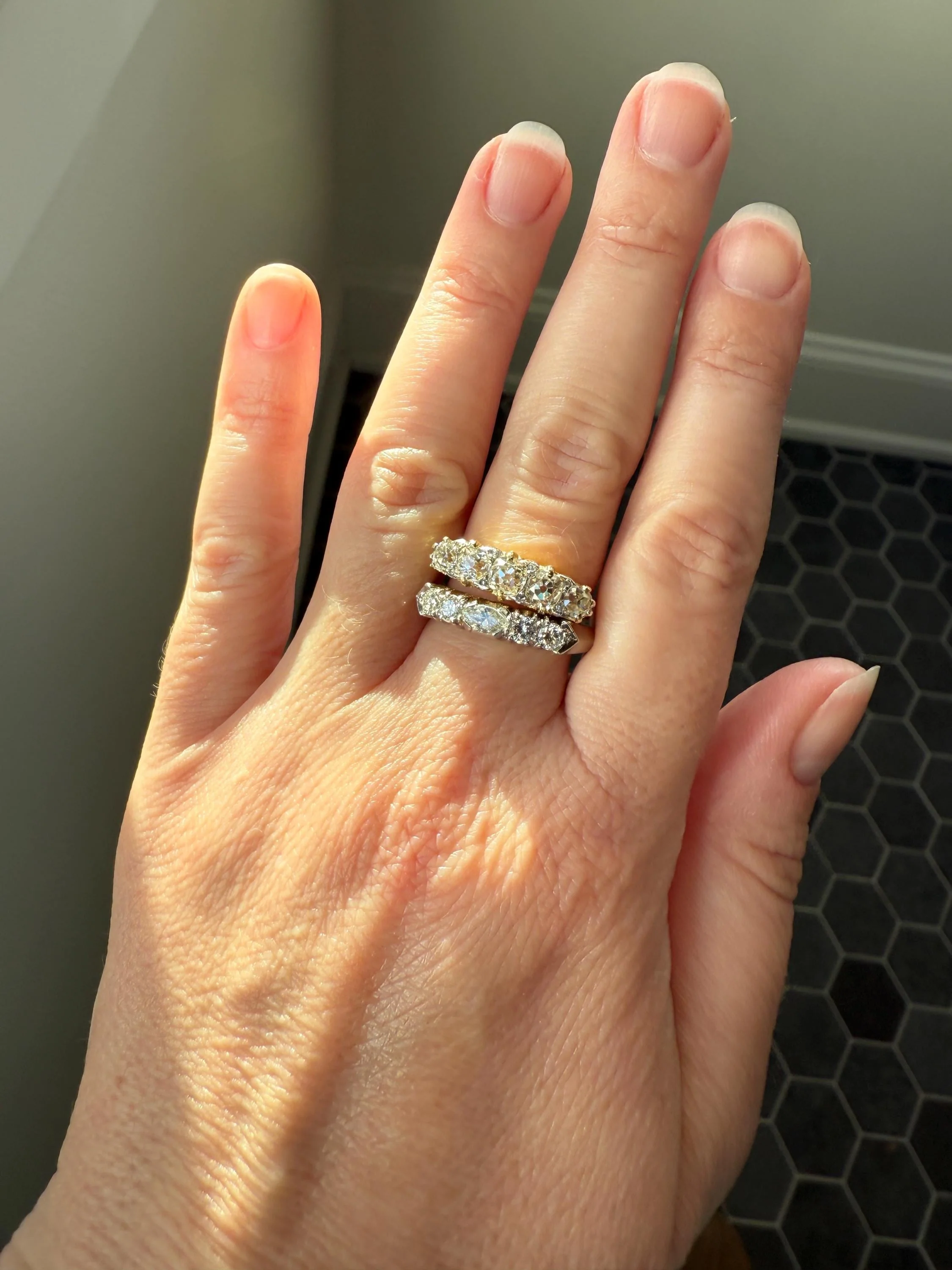 Antique 1.5 Carat Old Mine Cut DIAMOND 5 Five Stone Band Ring 18k Gold Rose Cut Spacers Gemset Prongs Scrolled Victorian Romantic Gift - Image 11