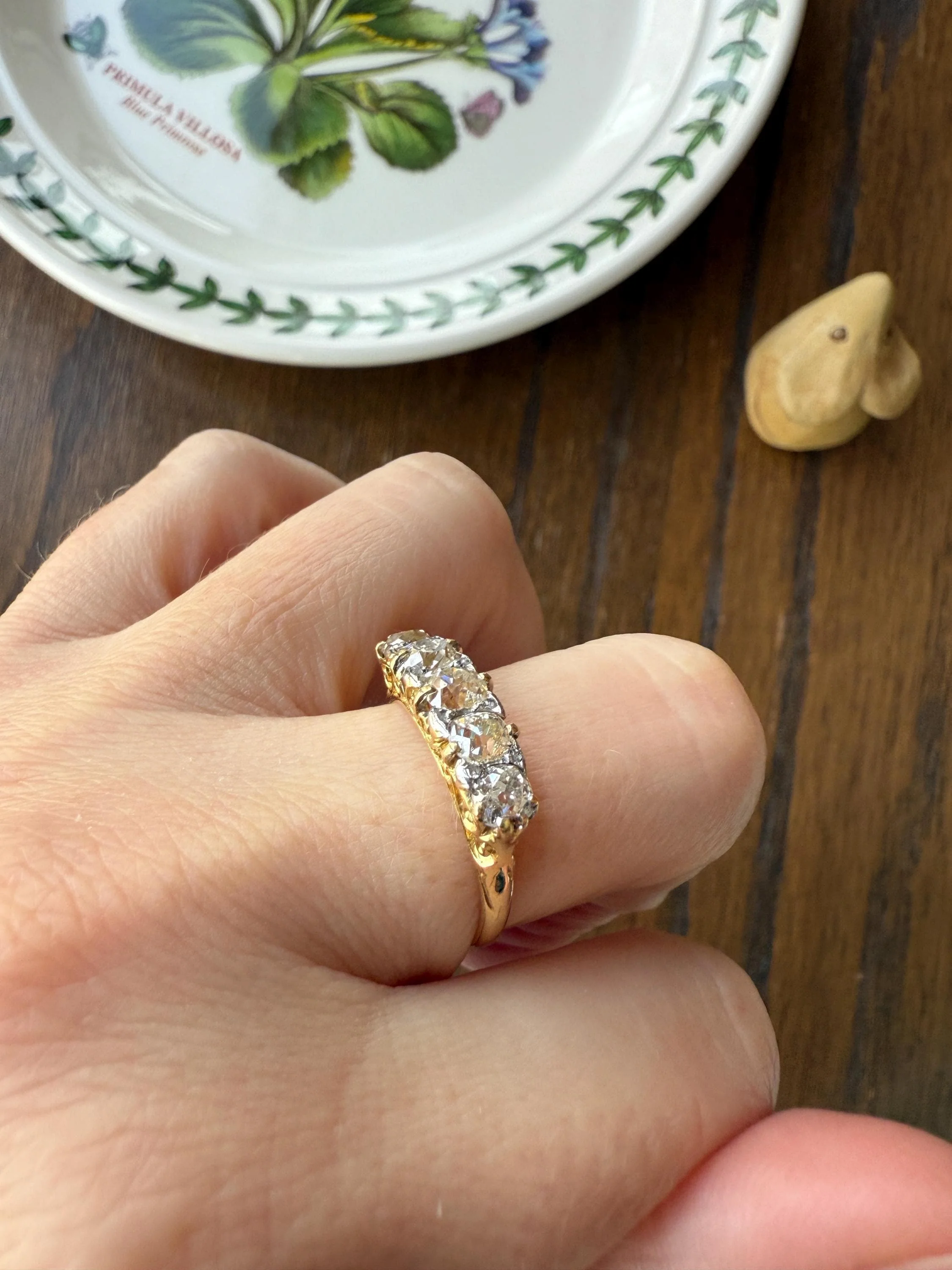 Antique 1.5 Carat Old Mine Cut DIAMOND 5 Five Stone Band Ring 18k Gold Rose Cut Spacers Gemset Prongs Scrolled Victorian Romantic Gift - Image 12