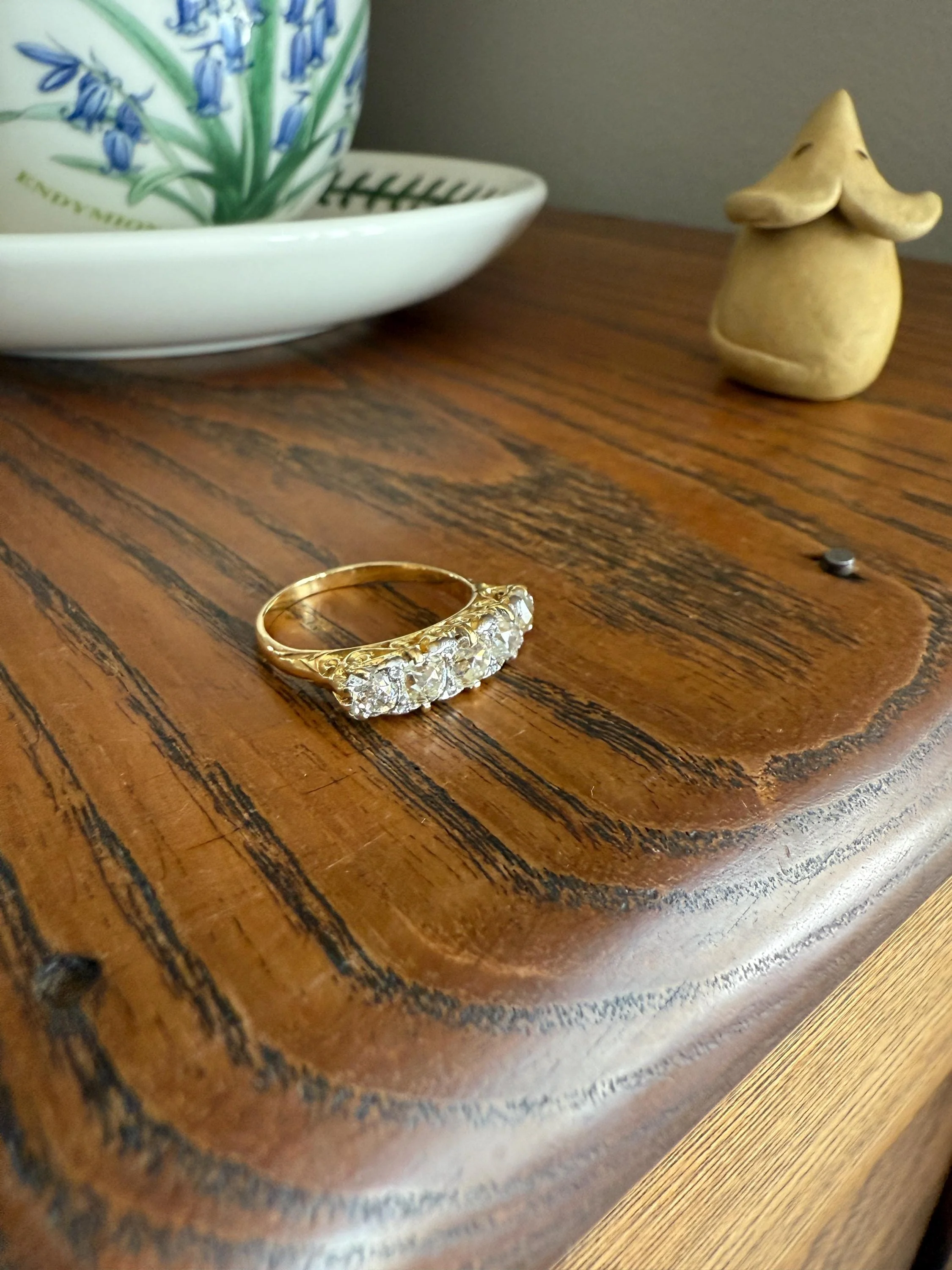 Antique 1.5 Carat Old Mine Cut DIAMOND 5 Five Stone Band Ring 18k Gold Rose Cut Spacers Gemset Prongs Scrolled Victorian Romantic Gift - Image 14