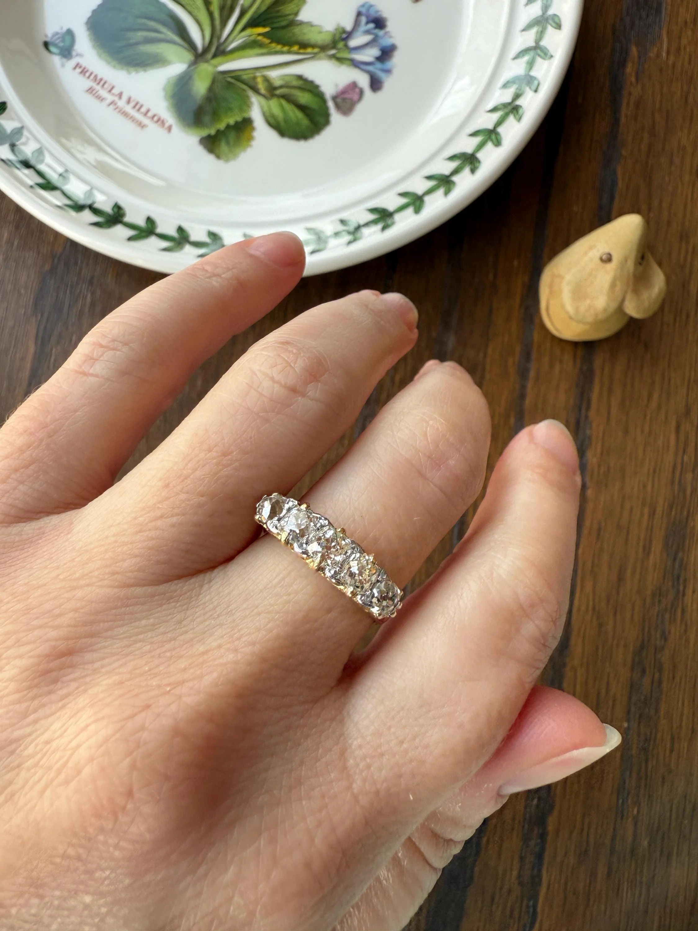 Antique 1.5 Carat Old Mine Cut DIAMOND 5 Five Stone Band Ring 18k Gold Rose Cut Spacers Gemset Prongs Scrolled Victorian Romantic Gift - Image 15