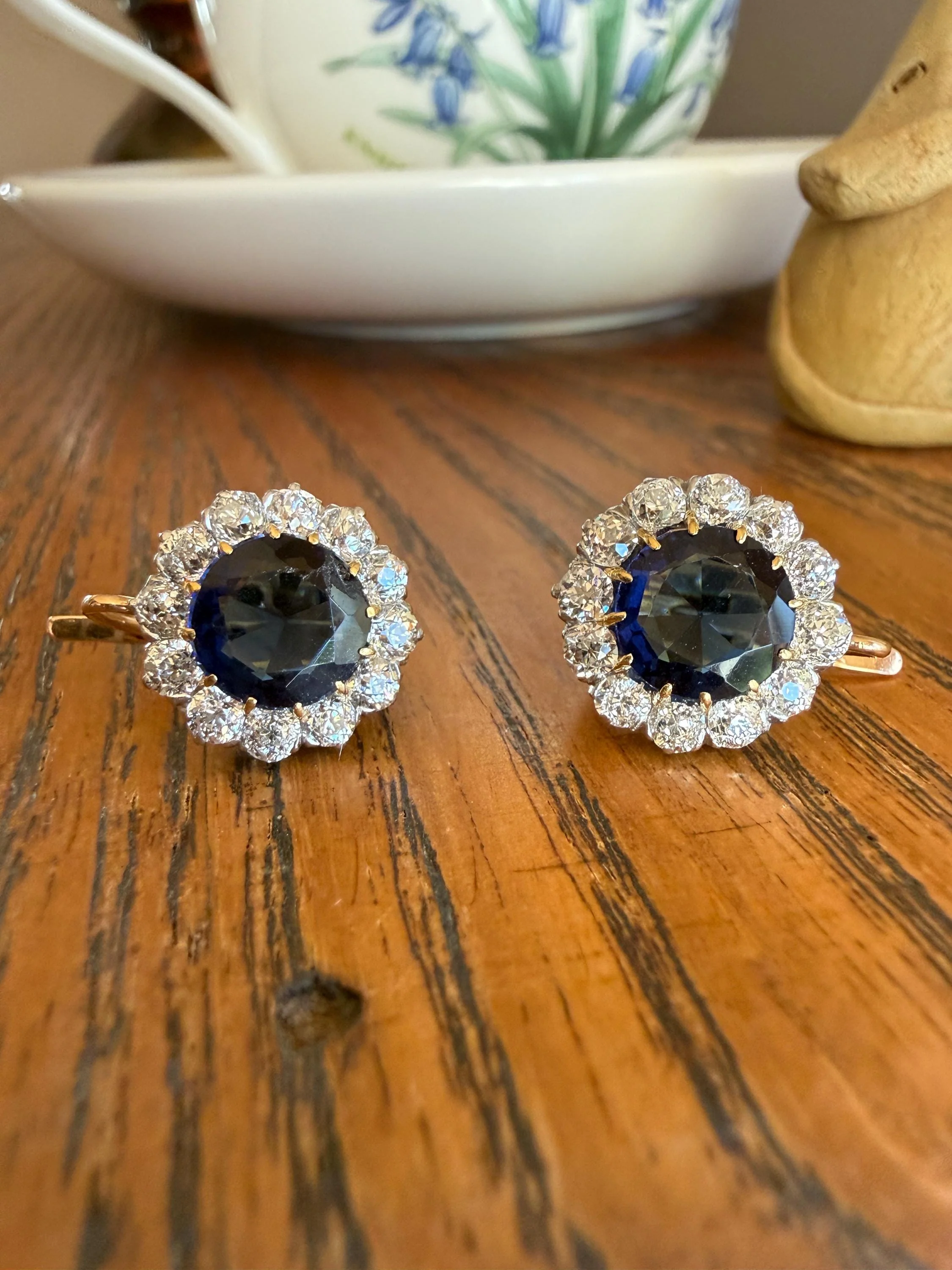 Antique 1.7 Carat Old Mine Cut DIAMOND Blue Paste Faux Sapphire 18k Gold Halo Dormeuse Earrings Victorian Dangle Gift Something Old Blue - Image 11