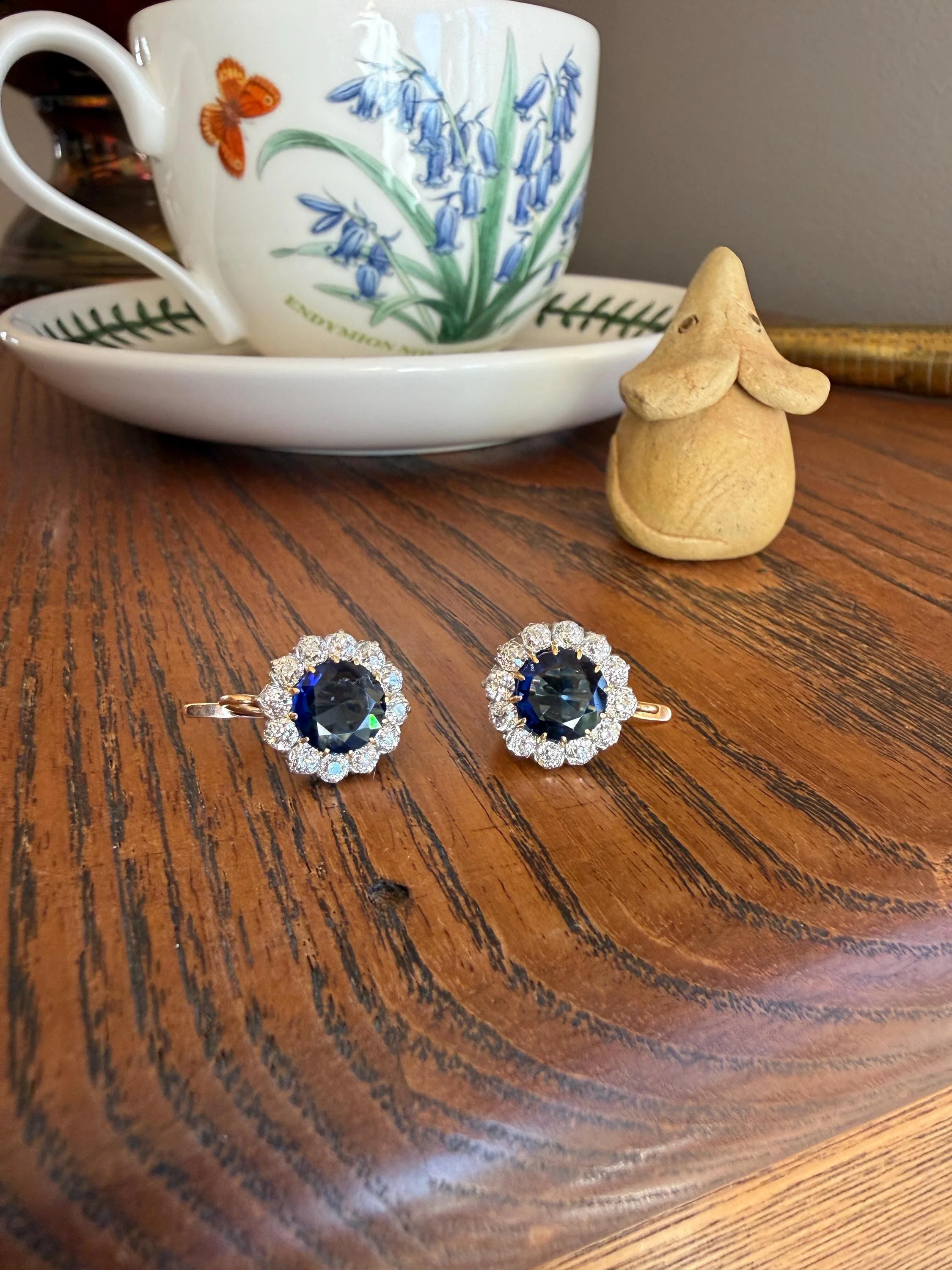 Antique 1.7 Carat Old Mine Cut DIAMOND Blue Paste Faux Sapphire 18k Gold Halo Dormeuse Earrings Victorian Dangle Gift Something Old Blue - Image 14