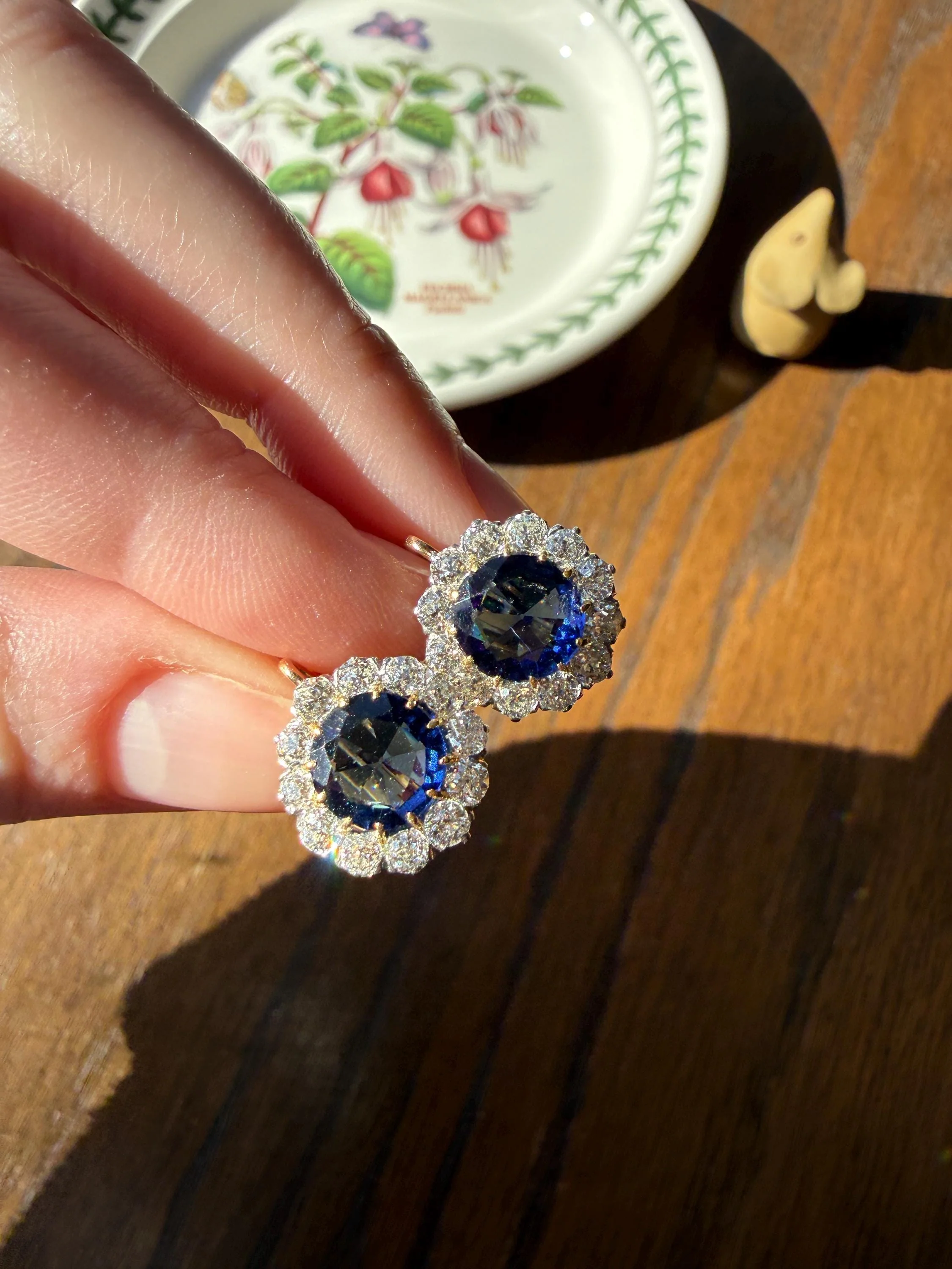 Antique 1.7 Carat Old Mine Cut DIAMOND Blue Paste Faux Sapphire 18k Gold Halo Dormeuse Earrings Victorian Dangle Gift Something Old Blue - Image 18