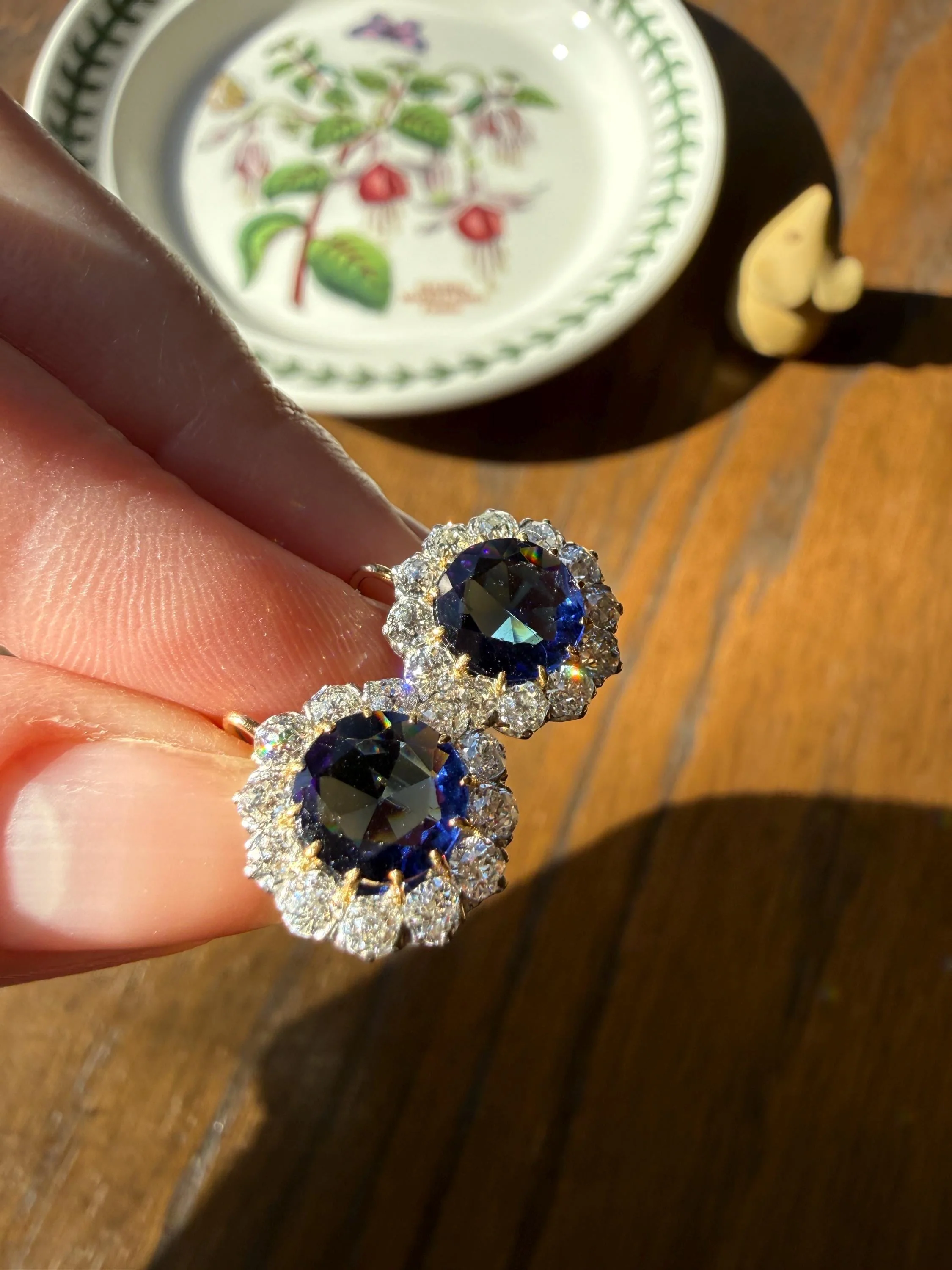 Antique 1.7 Carat Old Mine Cut DIAMOND Blue Paste Faux Sapphire 18k Gold Halo Dormeuse Earrings Victorian Dangle Gift Something Old Blue - Image 2