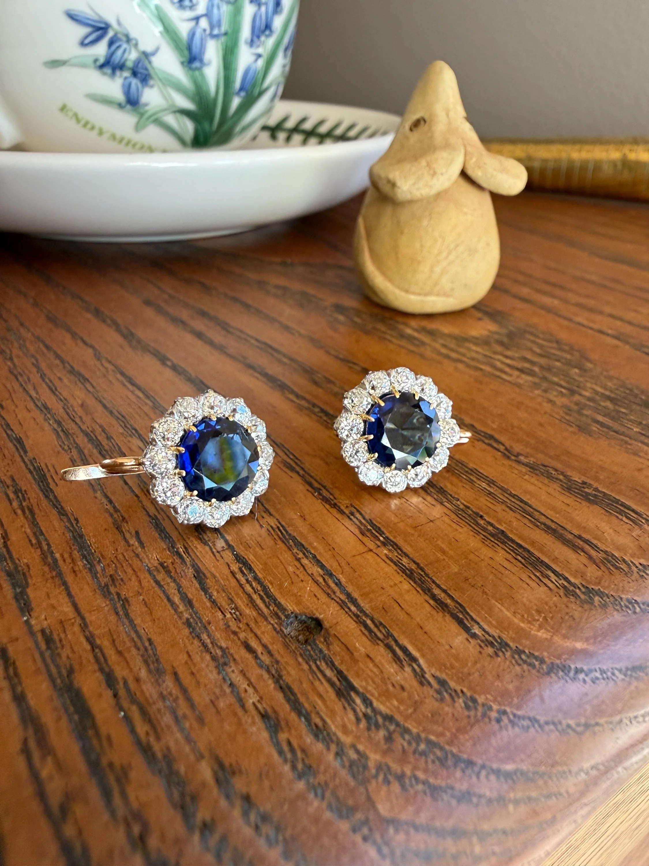 Antique 1.7 Carat Old Mine Cut DIAMOND Blue Paste Faux Sapphire 18k Gold Halo Dormeuse Earrings Victorian Dangle Gift Something Old Blue - Image 4