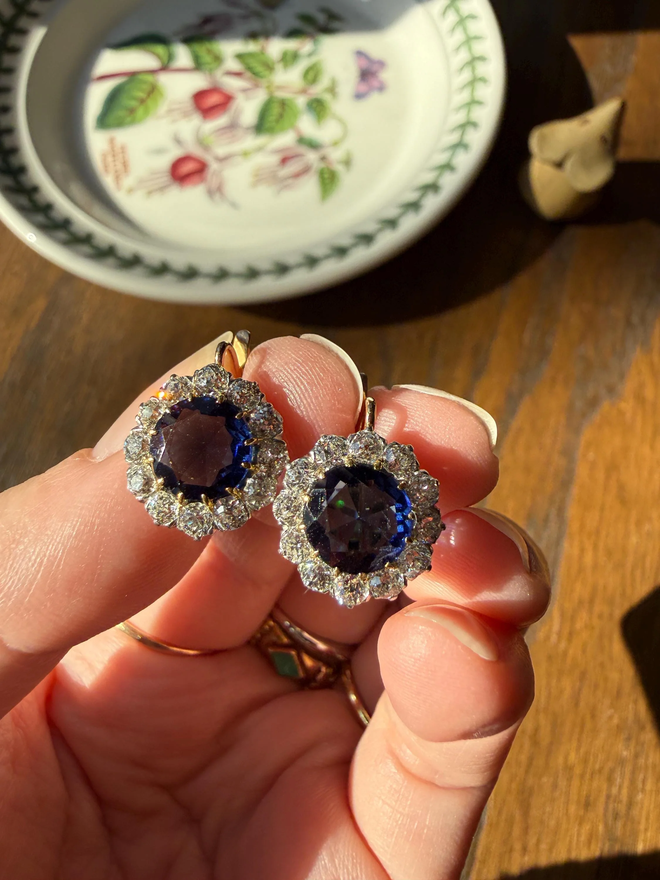 Antique 1.7 Carat Old Mine Cut DIAMOND Blue Paste Faux Sapphire 18k Gold Halo Dormeuse Earrings Victorian Dangle Gift Something Old Blue - Image 8