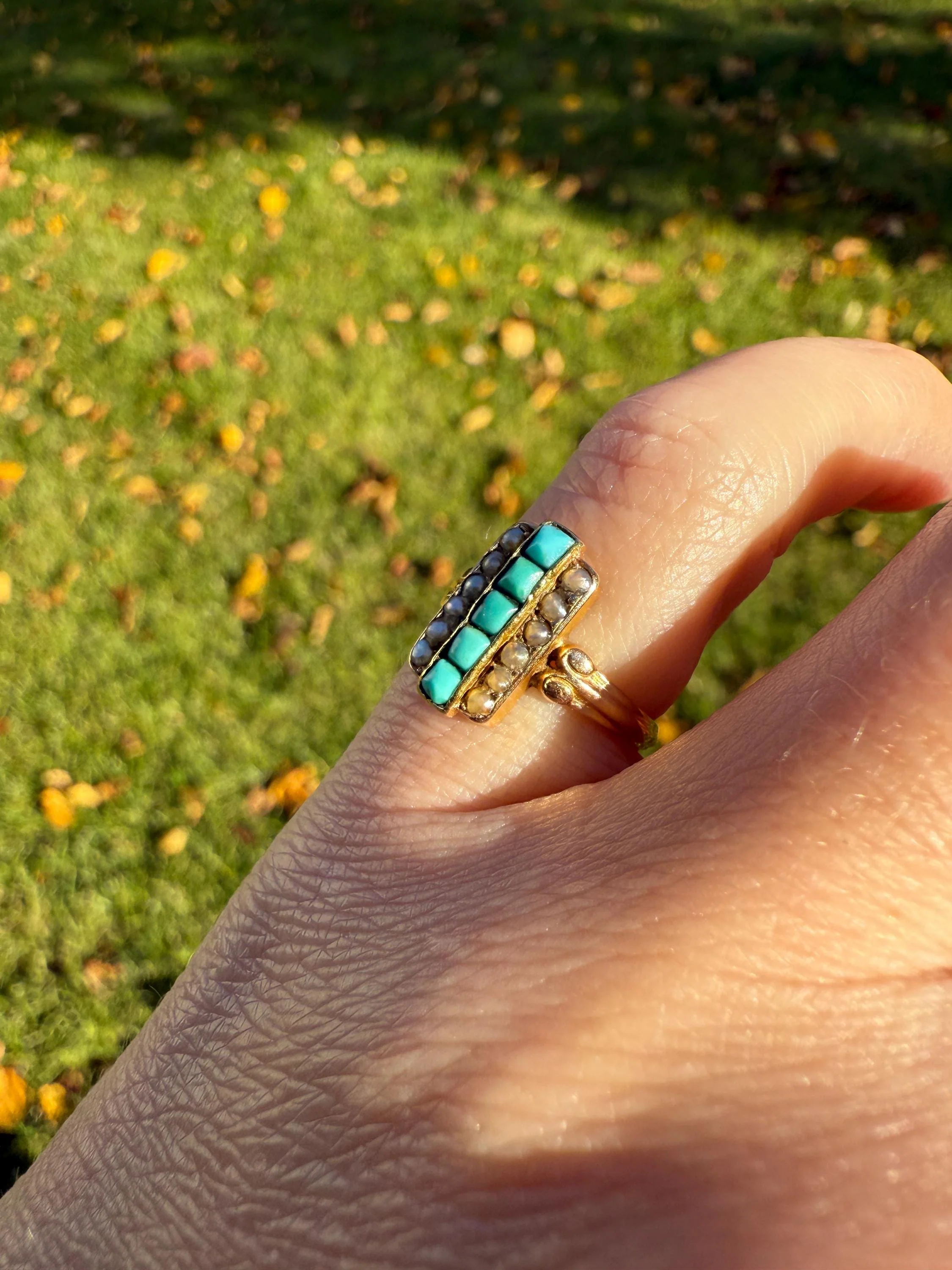 Antique 18k Gold French Turquoise Seed Pearl Linear Pinky Midi Ring Victorian Era Baby Child's Geometric Blue Dainty - Image 10