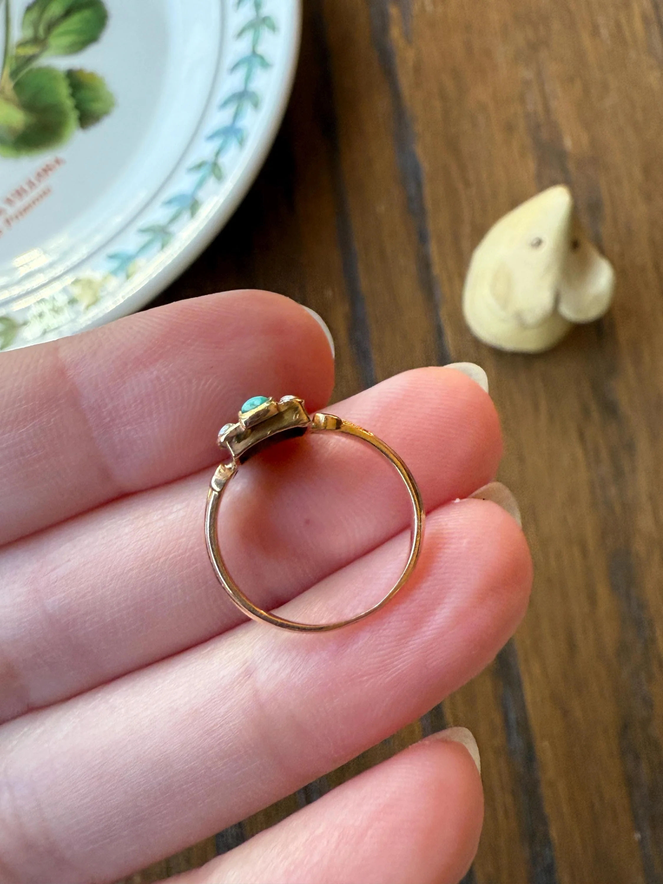 Antique 18k Gold French Turquoise Seed Pearl Linear Pinky Midi Ring Victorian Era Baby Child's Geometric Blue Dainty - Image 12