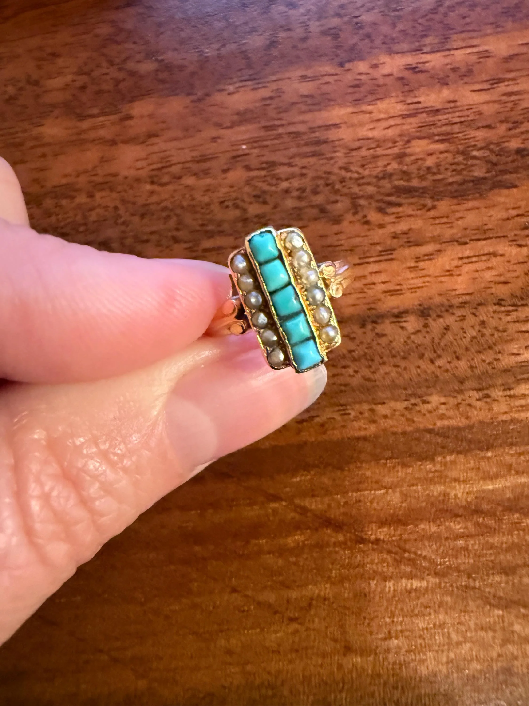 Antique 18k Gold French Turquoise Seed Pearl Linear Pinky Midi Ring Victorian Era Baby Child's Geometric Blue Dainty - Image 2