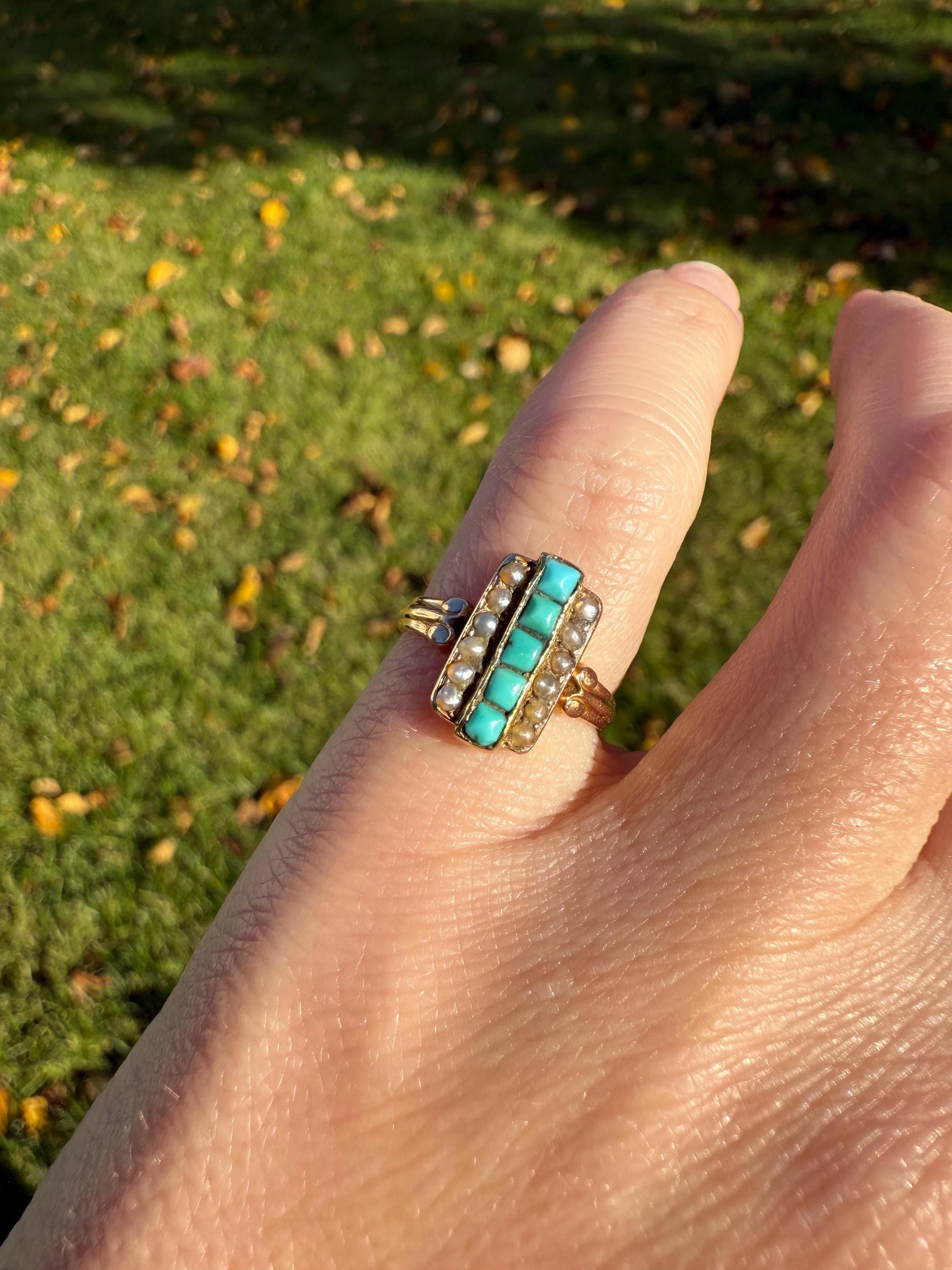 Antique 18k Gold French Turquoise Seed Pearl Linear Pinky Midi Ring Victorian Era Baby Child's Geometric Blue Dainty - Image 3