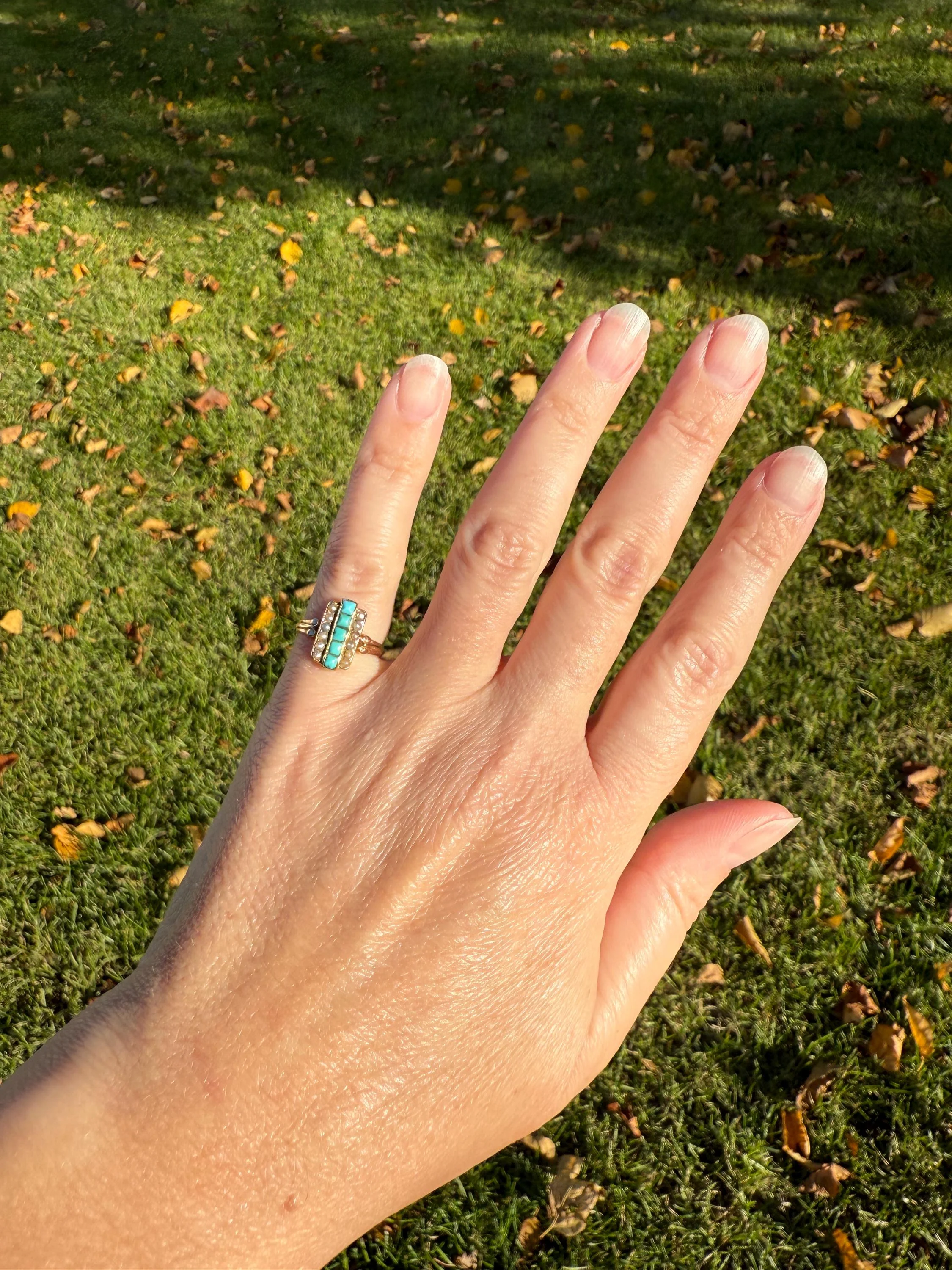 Antique 18k Gold French Turquoise Seed Pearl Linear Pinky Midi Ring Victorian Era Baby Child's Geometric Blue Dainty - Image 4