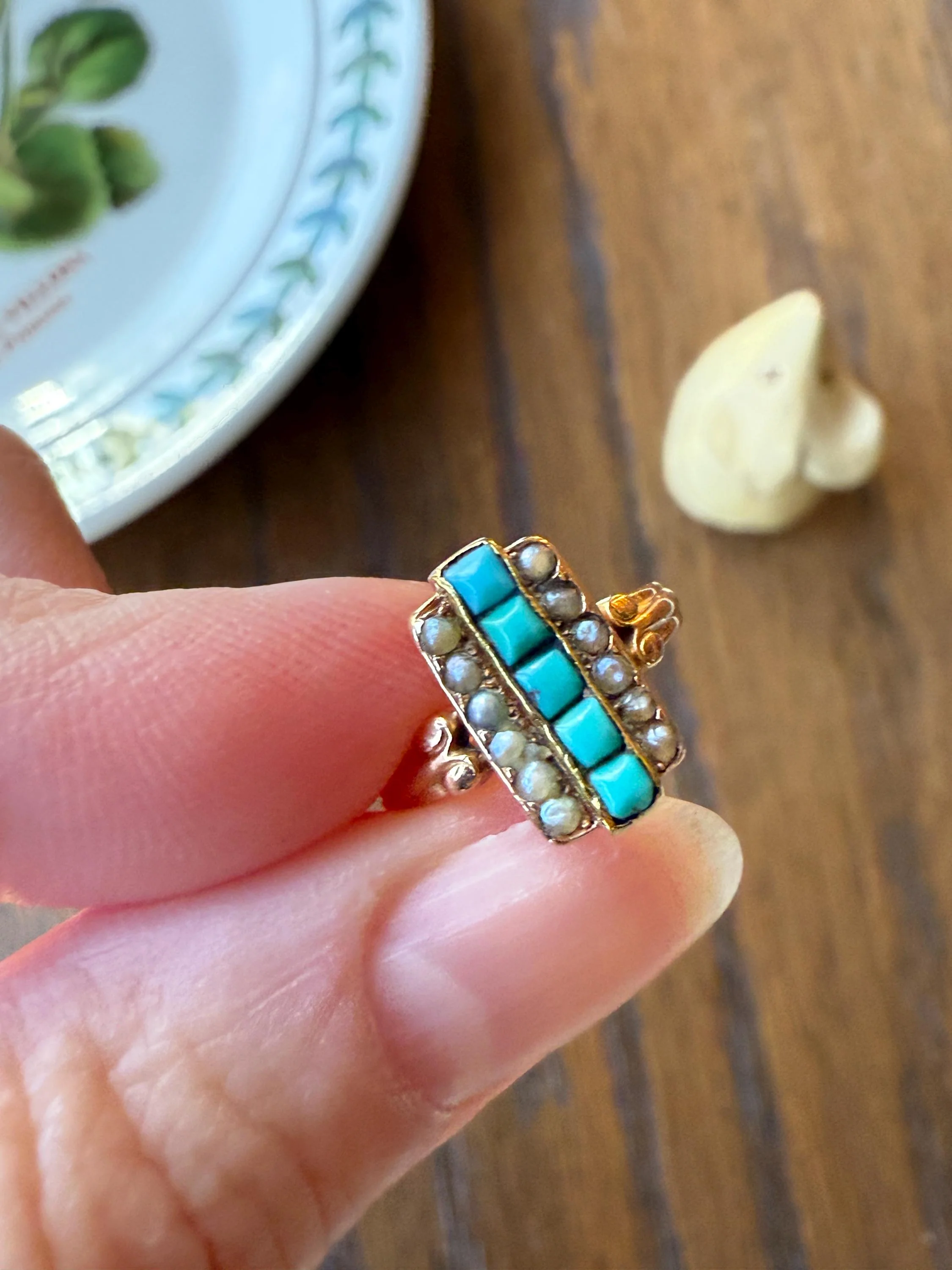 Antique 18k Gold French Turquoise Seed Pearl Linear Pinky Midi Ring Victorian Era Baby Child's Geometric Blue Dainty - Image 5