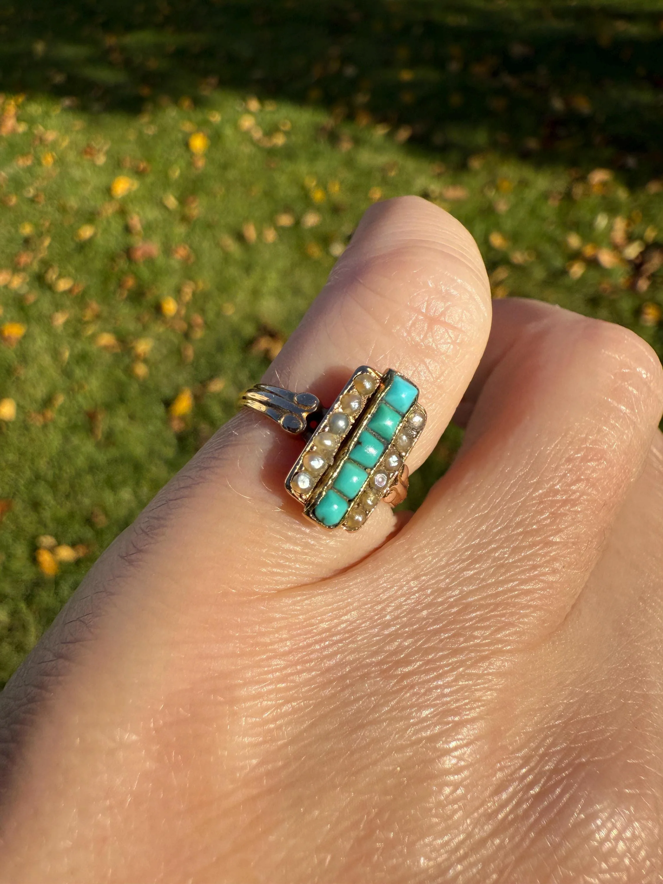 Antique 18k Gold French Turquoise Seed Pearl Linear Pinky Midi Ring Victorian Era Baby Child's Geometric Blue Dainty - Image 6