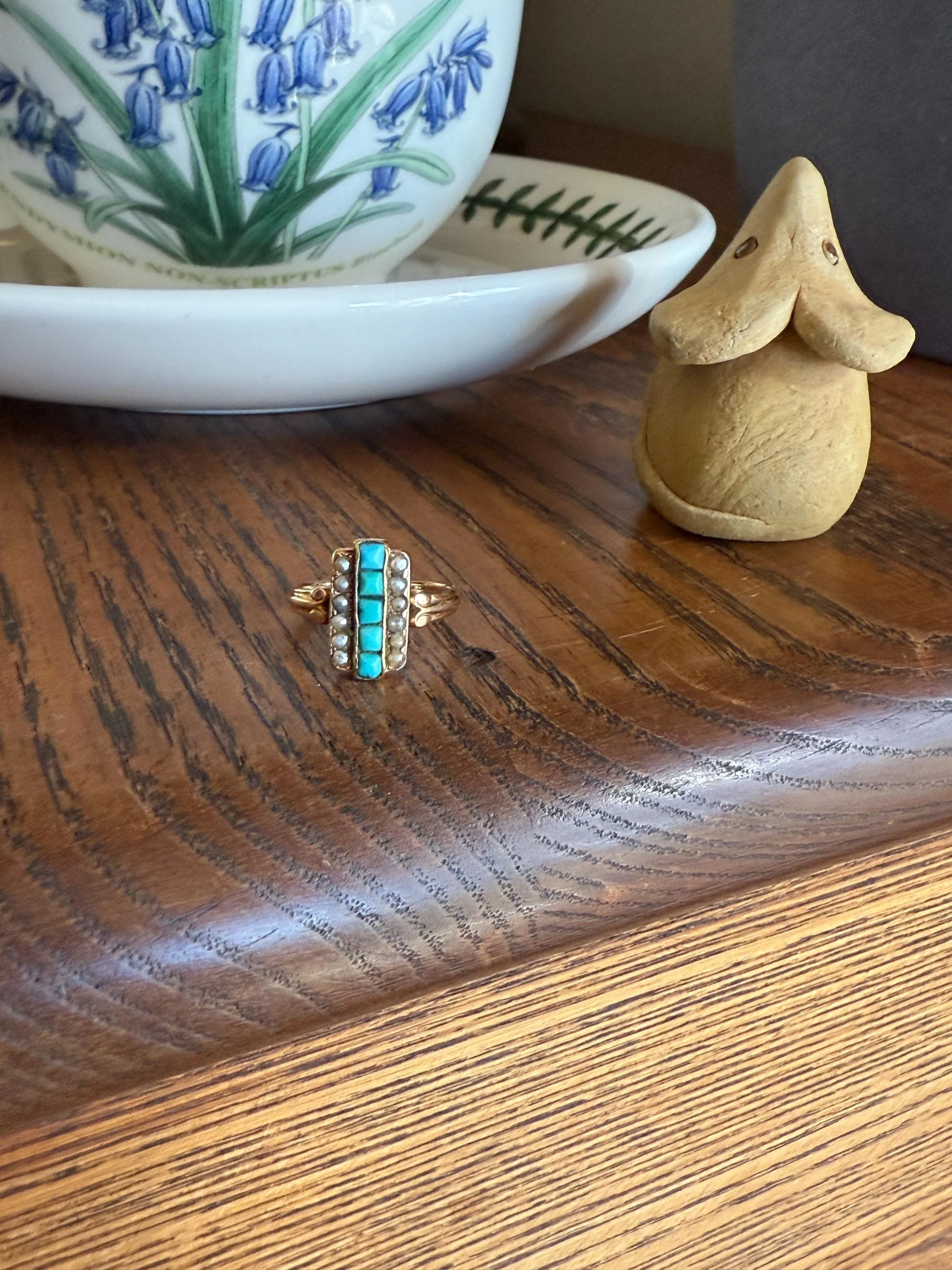 Antique 18k Gold French Turquoise Seed Pearl Linear Pinky Midi Ring Victorian Era Baby Child's Geometric Blue Dainty - Image 7