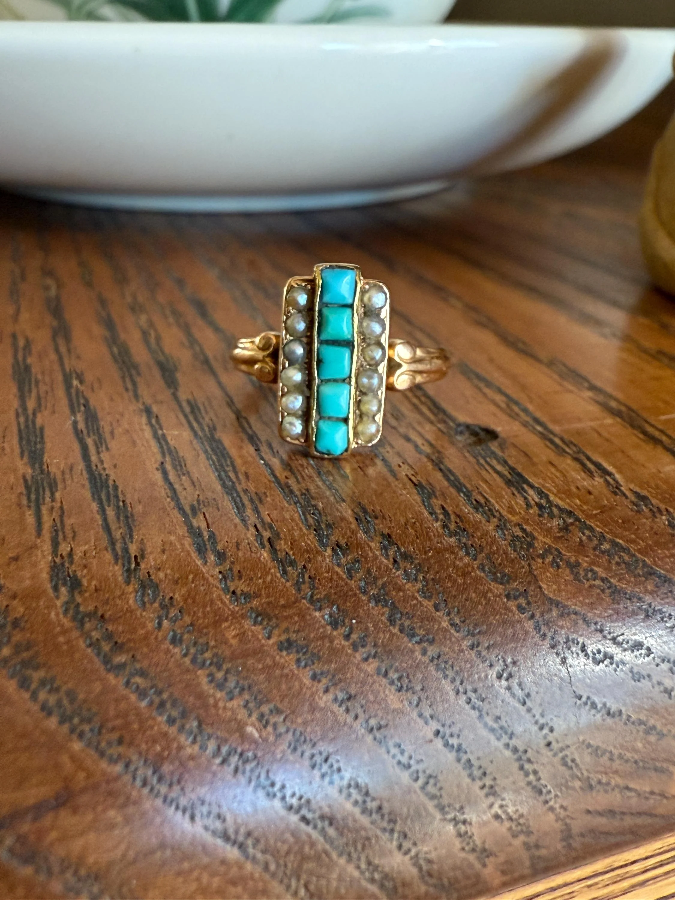 Antique 18k Gold French Turquoise Seed Pearl Linear Pinky Midi Ring Victorian Era Baby Child's Geometric Blue Dainty - Image 8