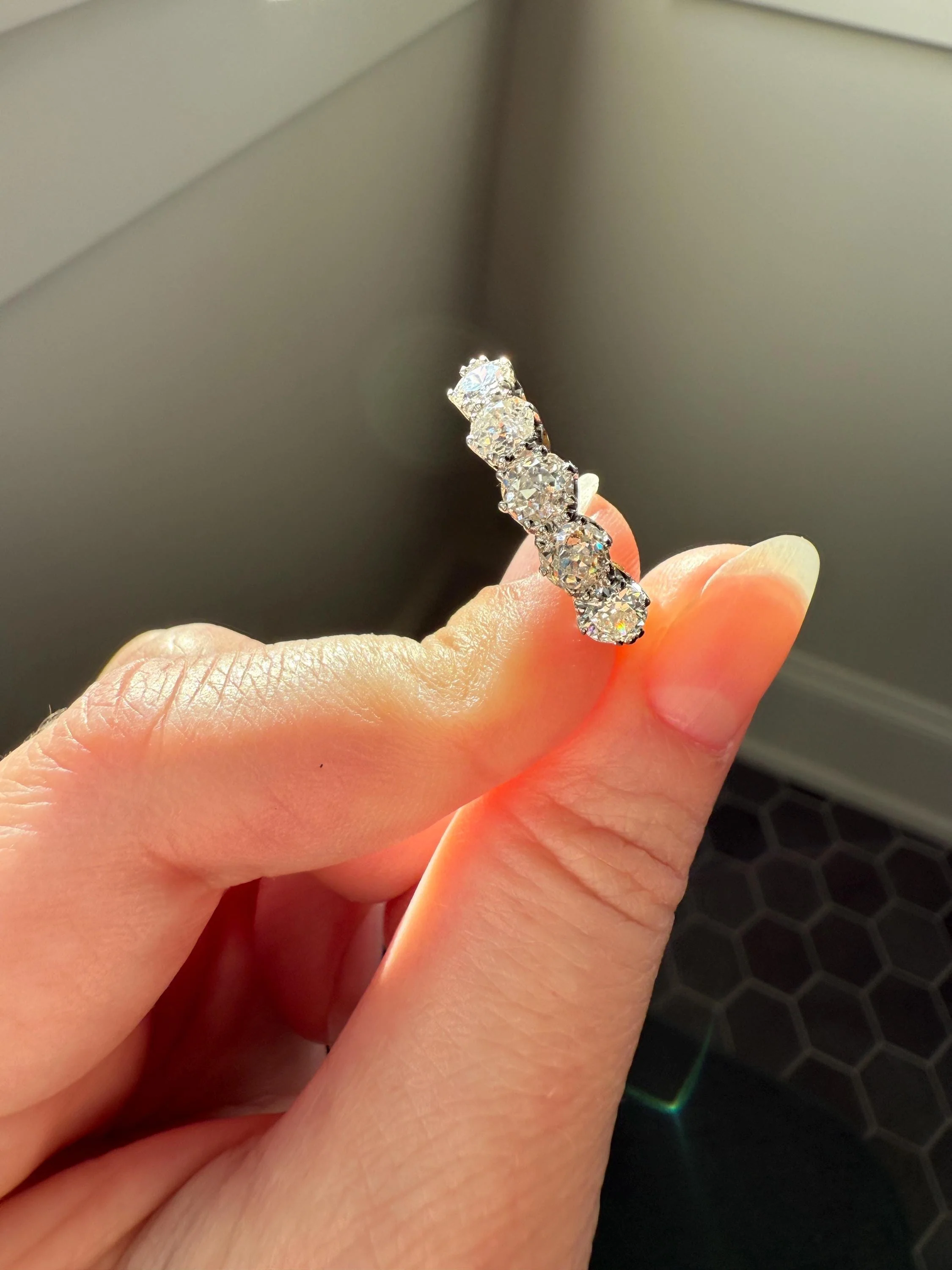 Antique 1.9 Carat DIAMOND Uniform Five Stone Band Stacker Ring 18k Gold Wedding Prong Set Stacker Half Hoop Linear Victorian Edwardian - Image 11