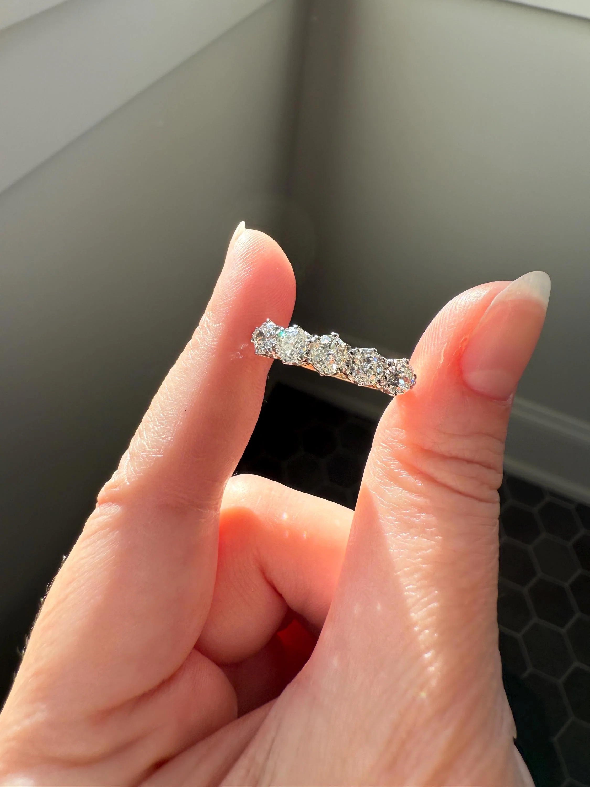 Antique 1.9 Carat DIAMOND Uniform Five Stone Band Stacker Ring 18k Gold Wedding Prong Set Stacker Half Hoop Linear Victorian Edwardian - Image 2