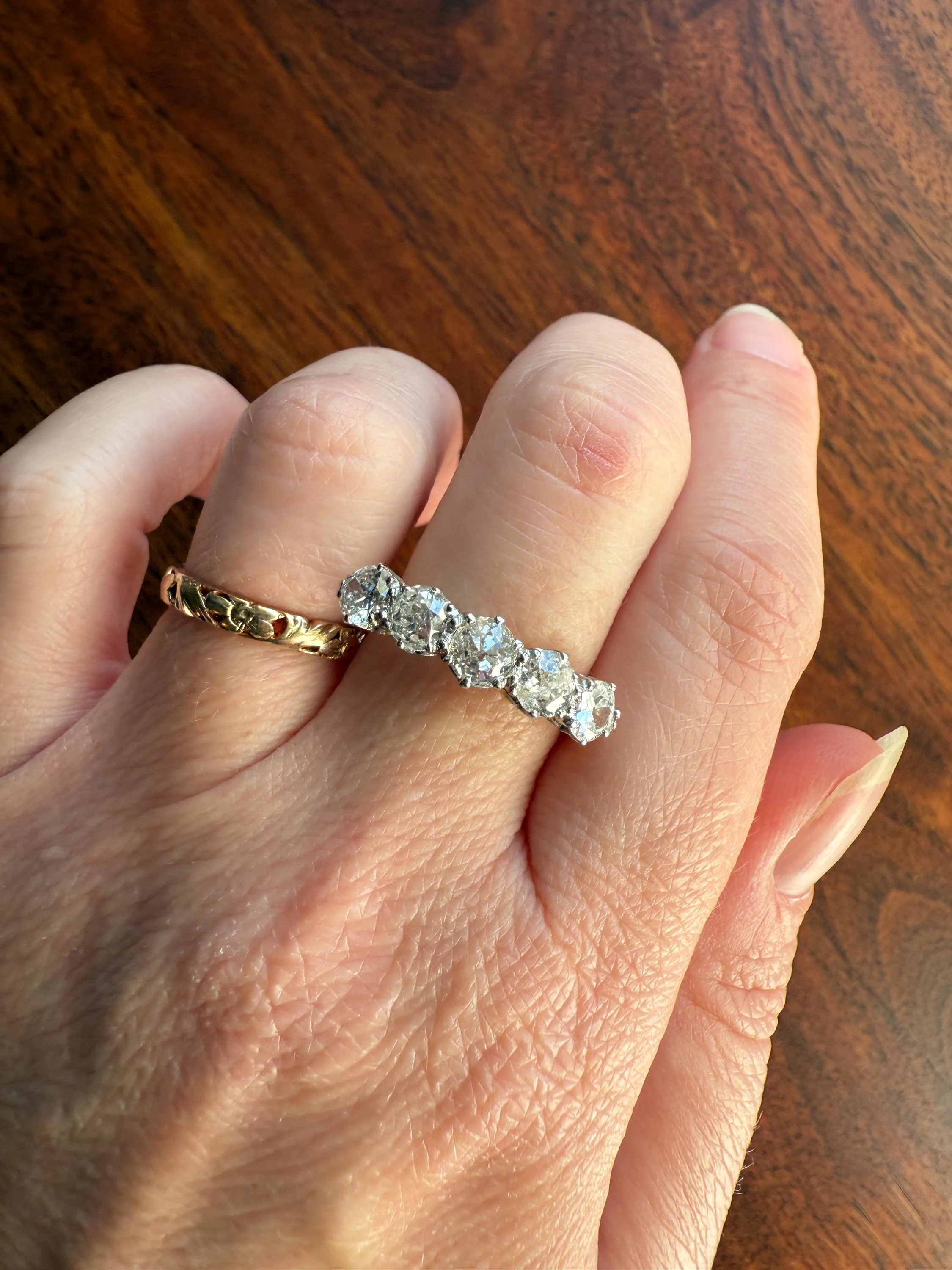 Antique 1.9 Carat DIAMOND Uniform Five Stone Band Stacker Ring 18k Gold Wedding Prong Set Stacker Half Hoop Linear Victorian Edwardian - Image 3