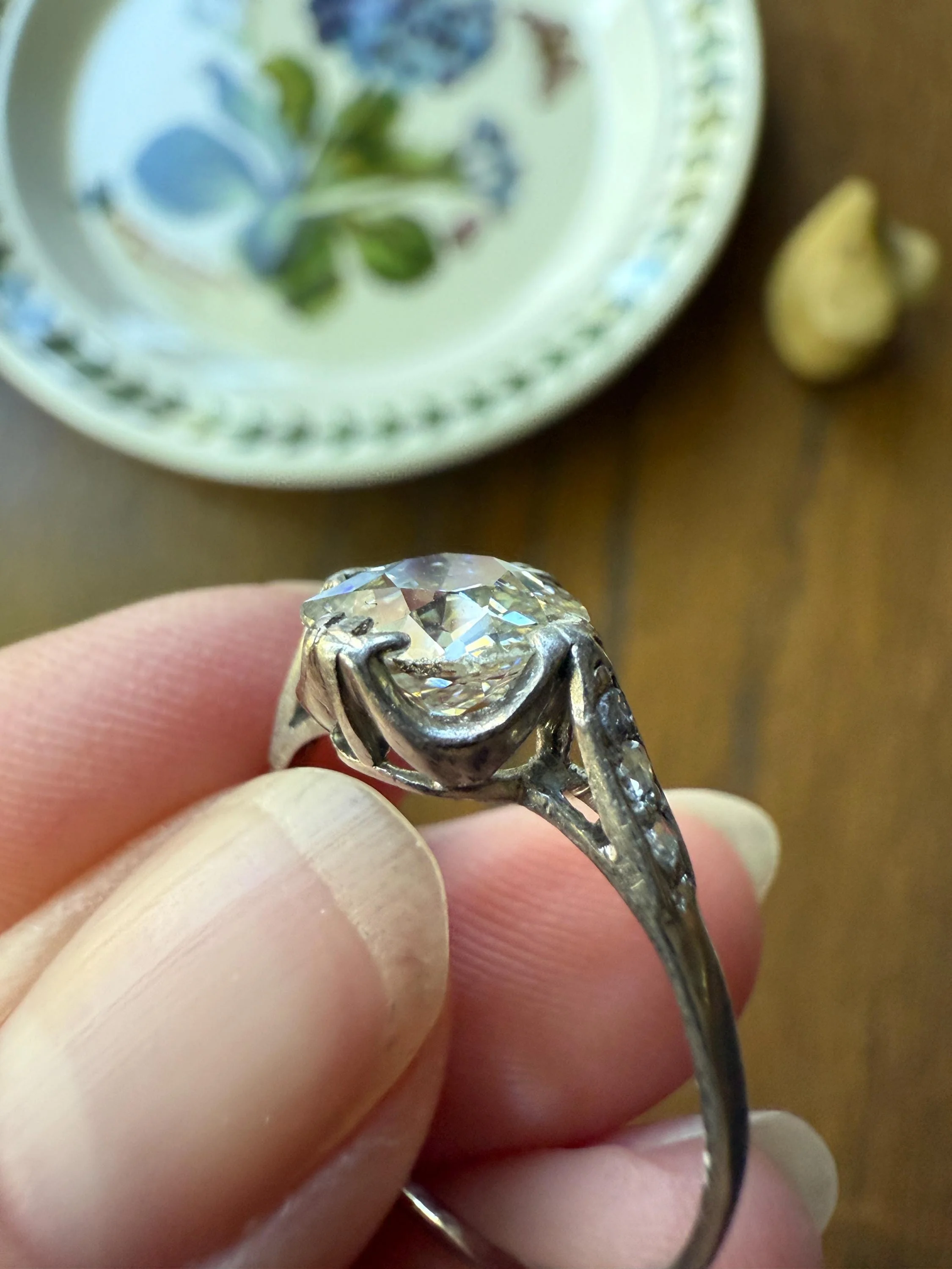 Antique 2 CARATS Tdw Old Mine Cut DIAMOND Solitaire French Engagement Ring with Rose Cut Accents Platinum Stacker Spready OMC - Image 11