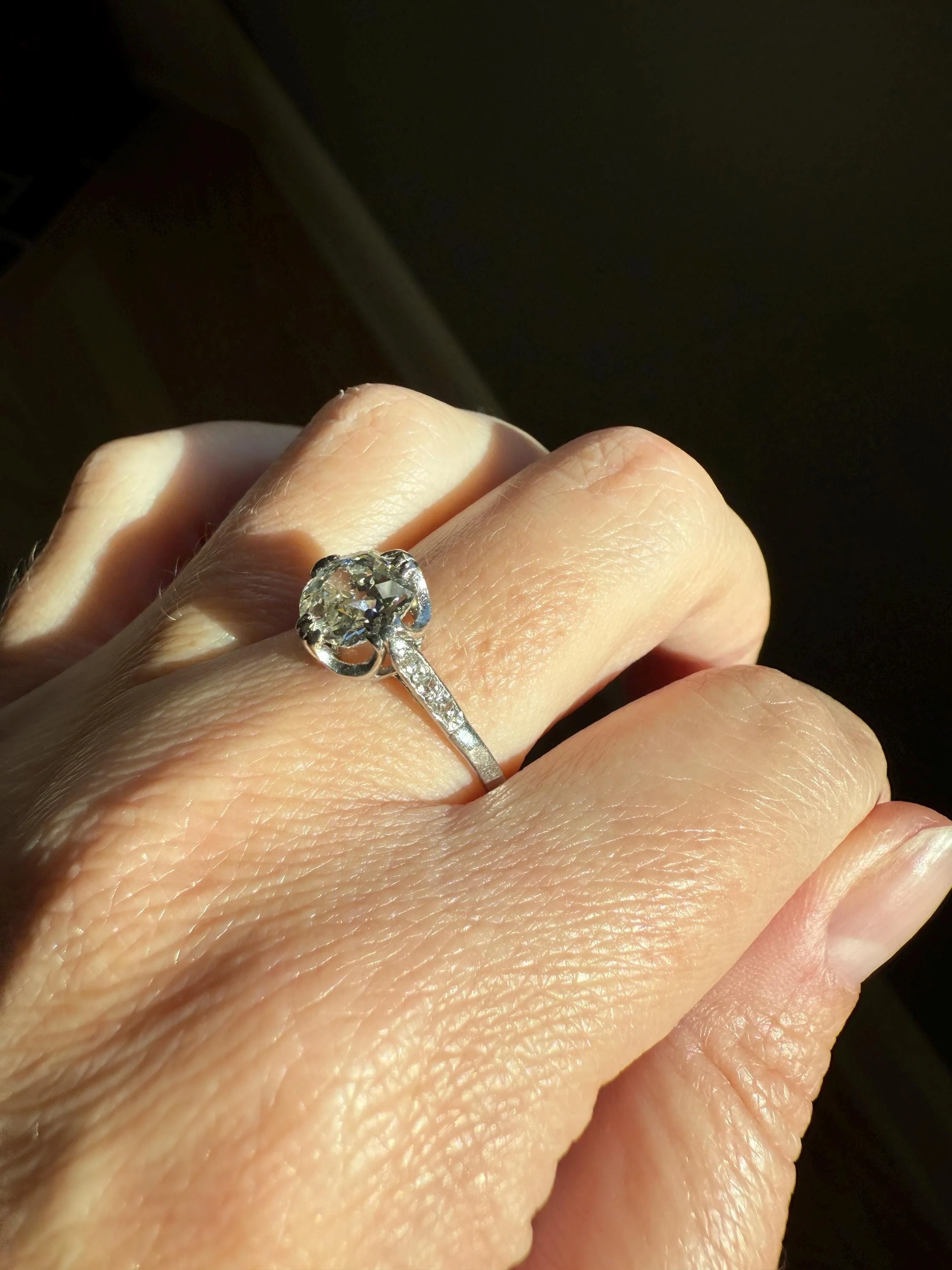 Antique 2 CARATS Tdw Old Mine Cut DIAMOND Solitaire French Engagement Ring with Rose Cut Accents Platinum Stacker Spready OMC - Image 4