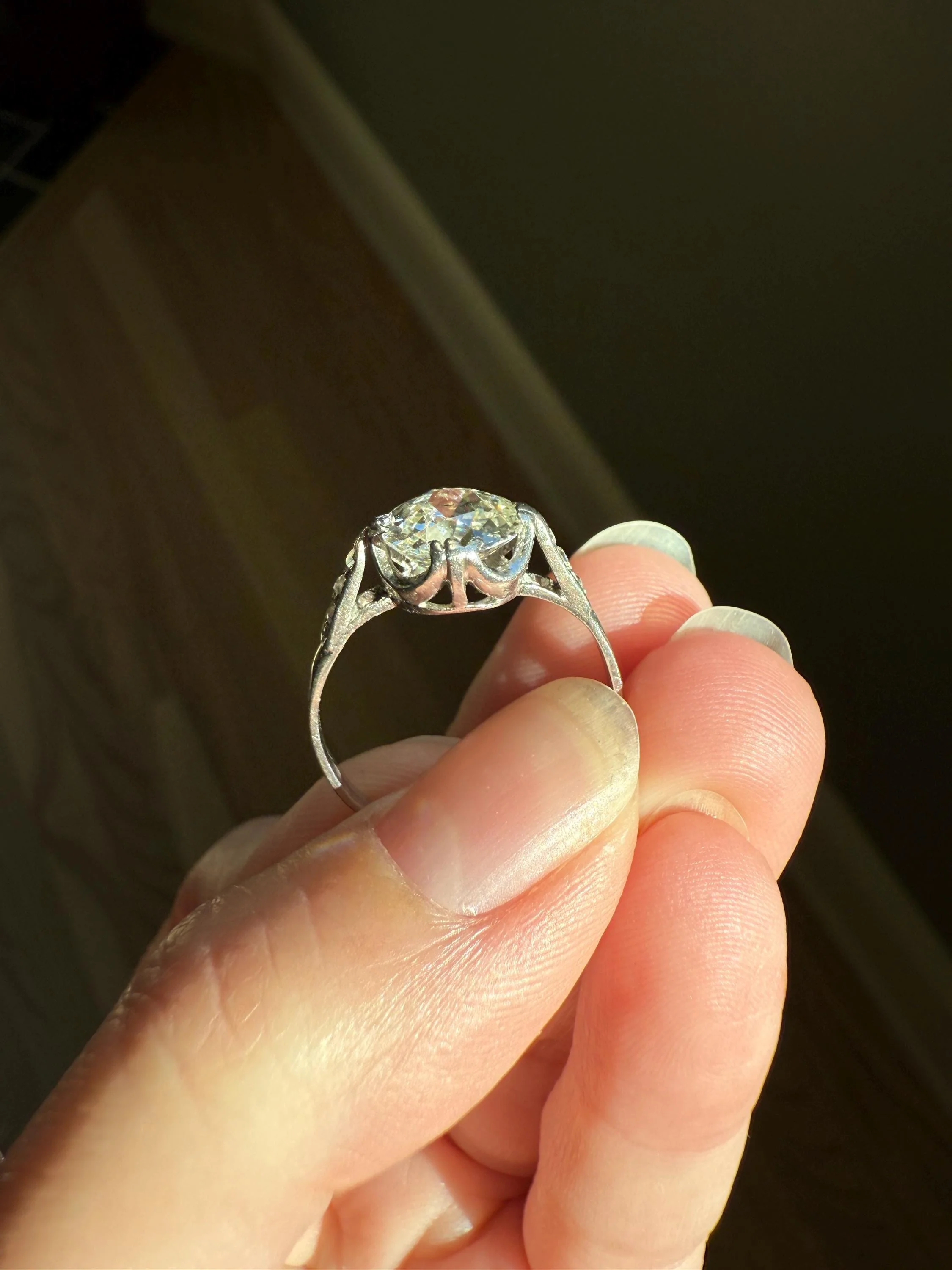 Antique 2 CARATS Tdw Old Mine Cut DIAMOND Solitaire French Engagement Ring with Rose Cut Accents Platinum Stacker Spready OMC - Image 5