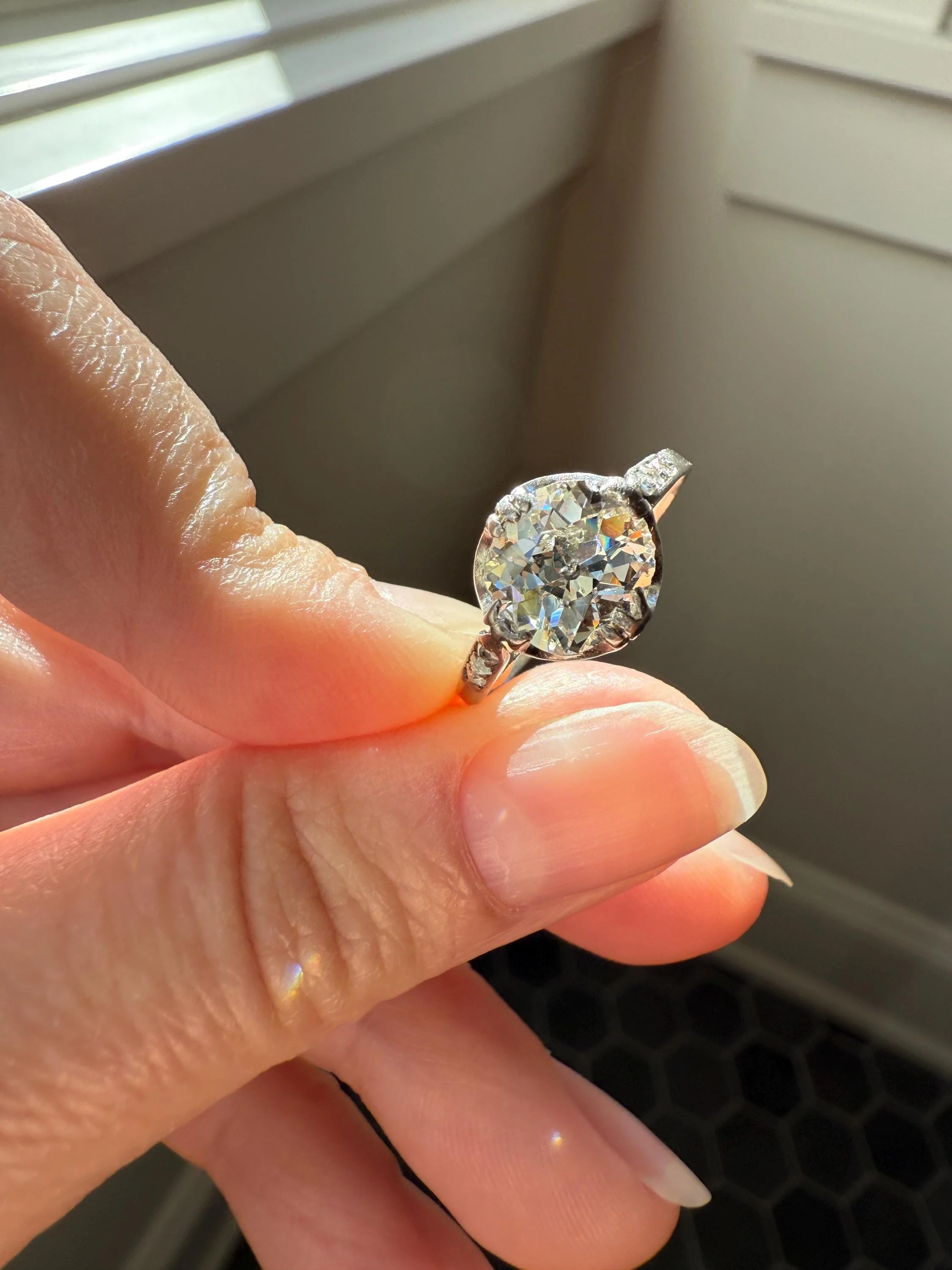 Antique 2 CARATS Tdw Old Mine Cut DIAMOND Solitaire French Engagement Ring with Rose Cut Accents Platinum Stacker Spready OMC - Image 6