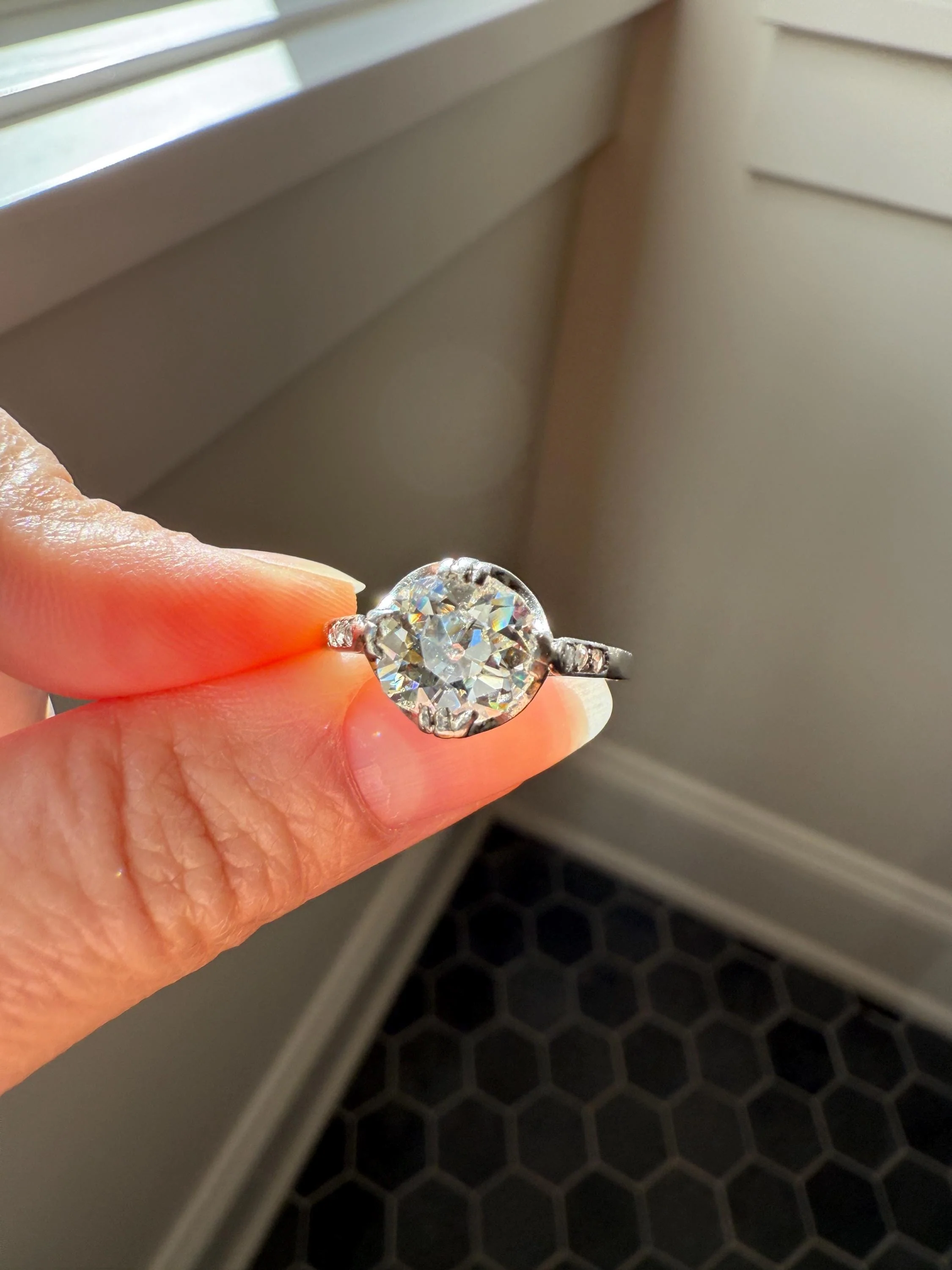 Antique 2 CARATS Tdw Old Mine Cut DIAMOND Solitaire French Engagement Ring with Rose Cut Accents Platinum Stacker Spready OMC - Image 8