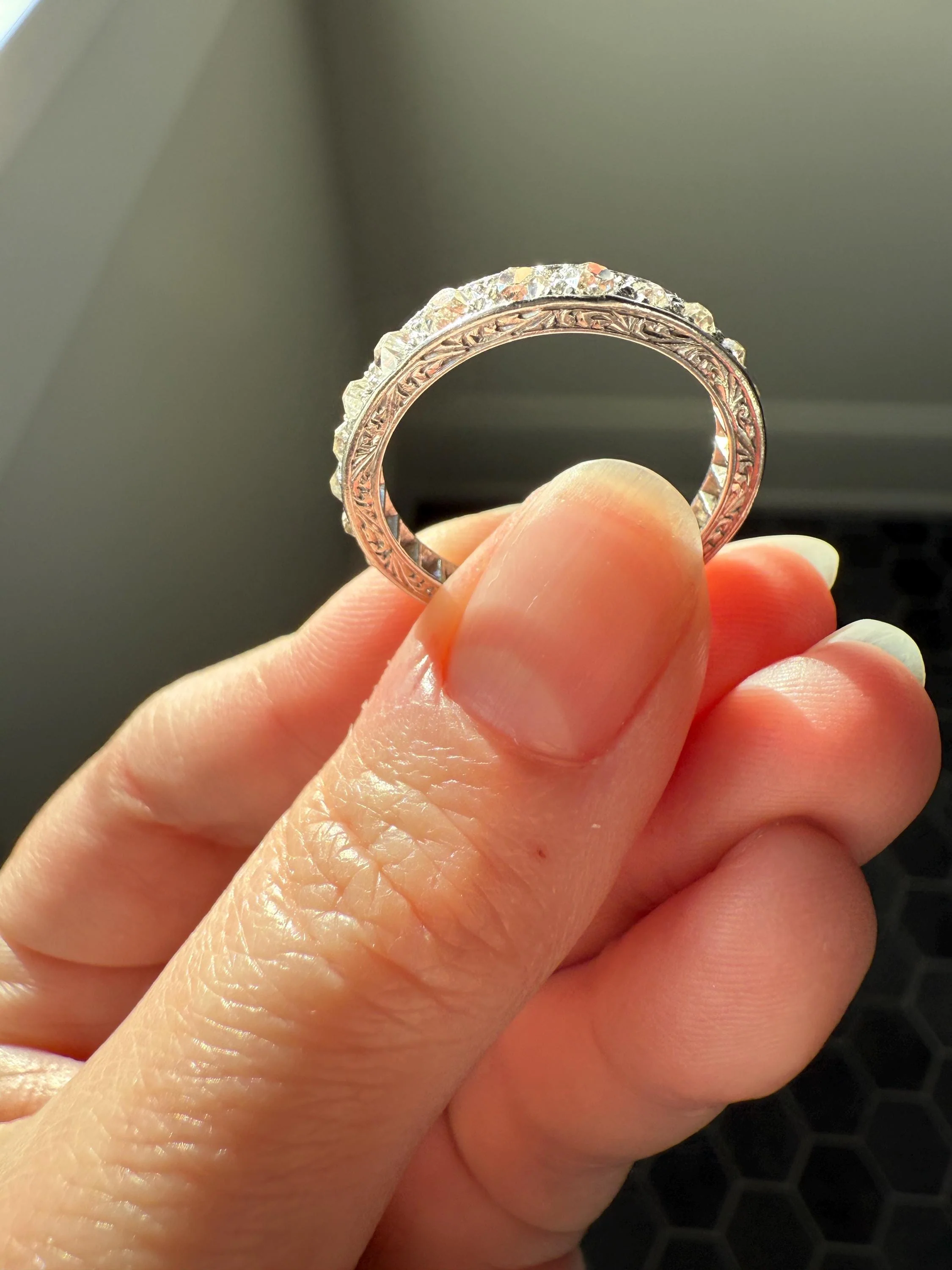 ANTIQUE 2.1 Carats Tapered 25 Old Mine Cut DIAMOND Full Eternity Band PLATINUM Ring Wedding Stacker Romantic Gift Edwardian Unisex Large Sz - Image 11