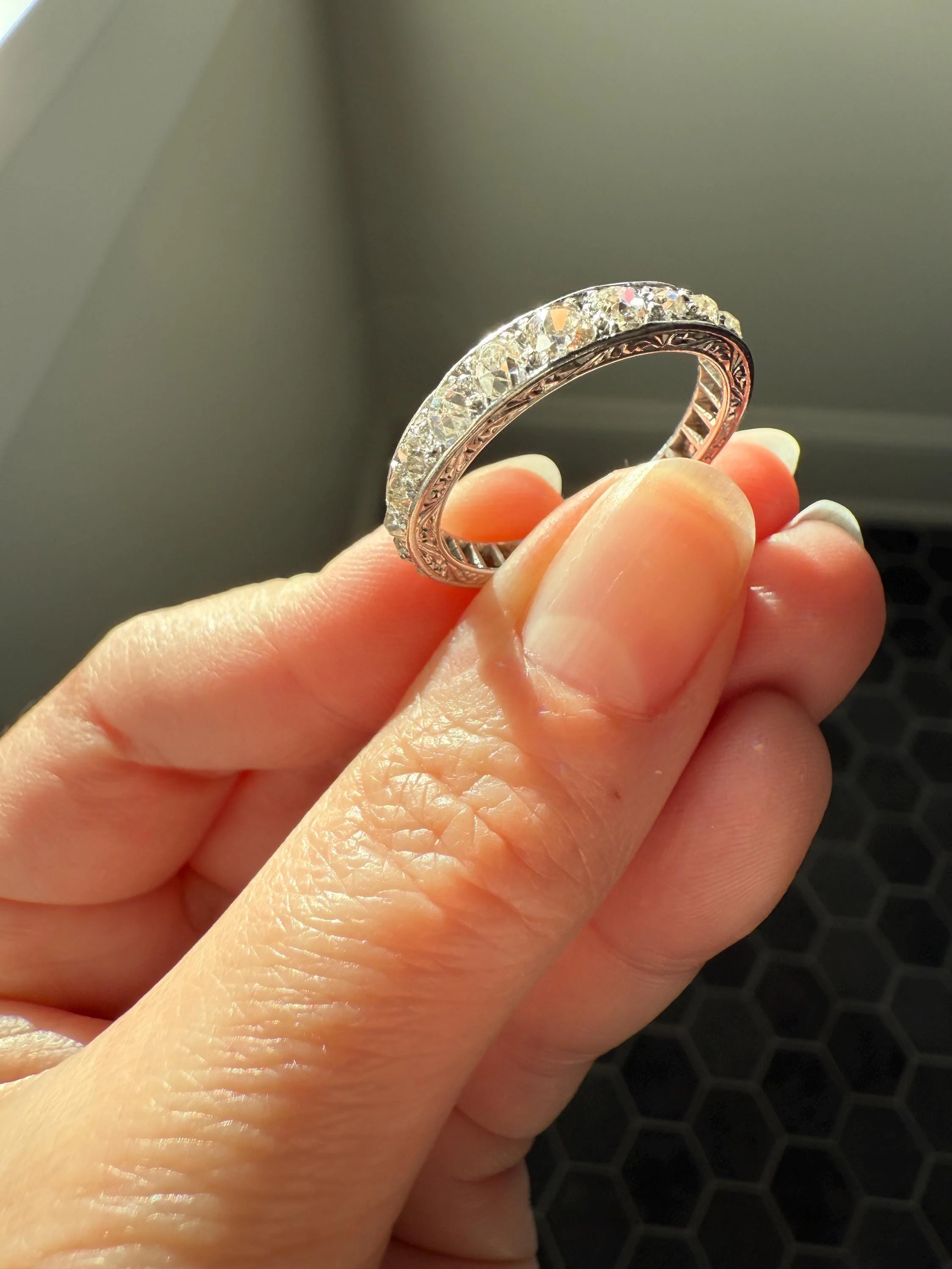 ANTIQUE 2.1 Carats Tapered 25 Old Mine Cut DIAMOND Full Eternity Band PLATINUM Ring Wedding Stacker Romantic Gift Edwardian Unisex Large Sz - Image 14