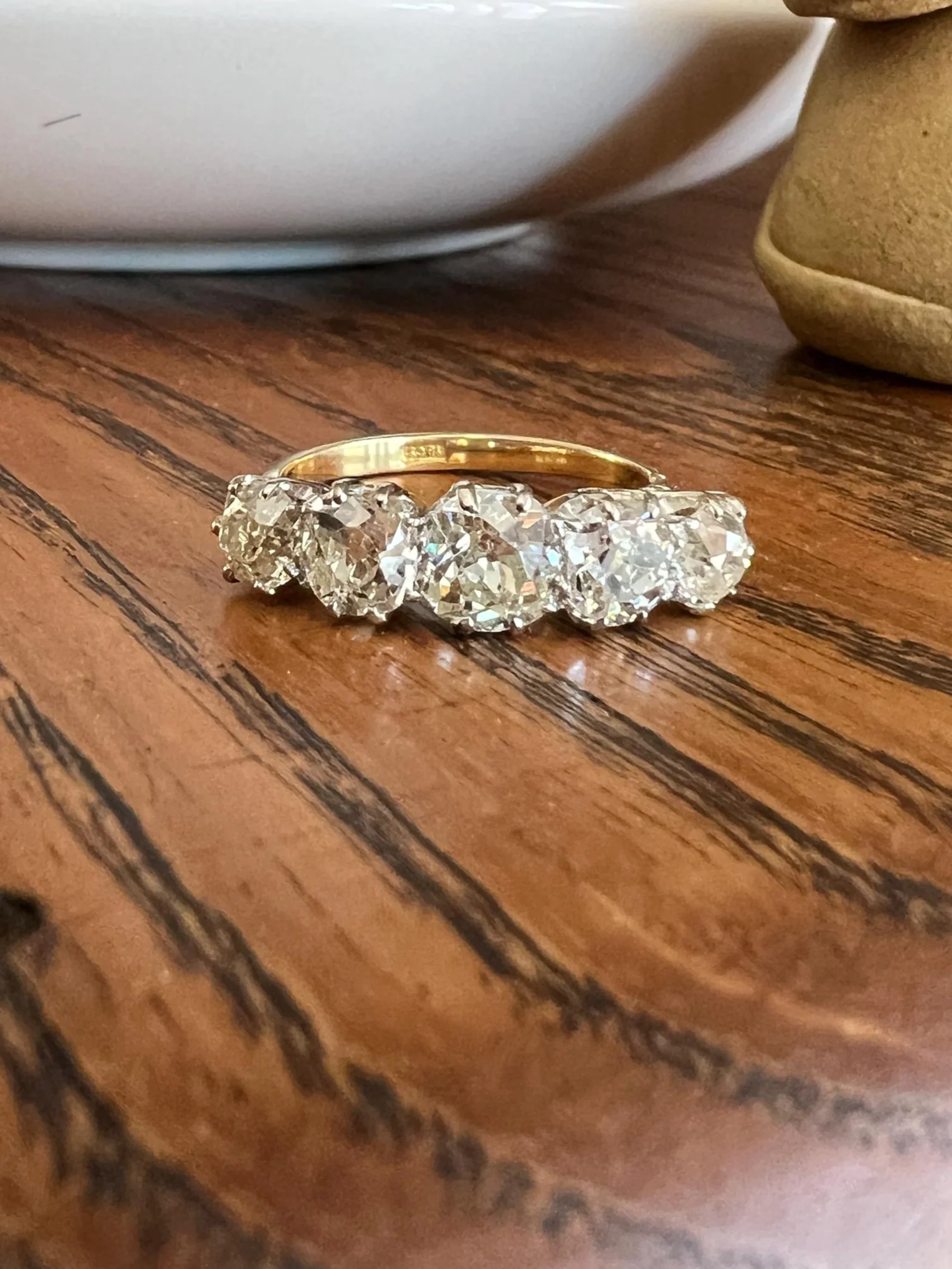 Antique 2.5 Carat Old Mine Cut DIAMOND 18k Gold Five Stone Ring Tall Band Romantic Gift Splayed Stacker