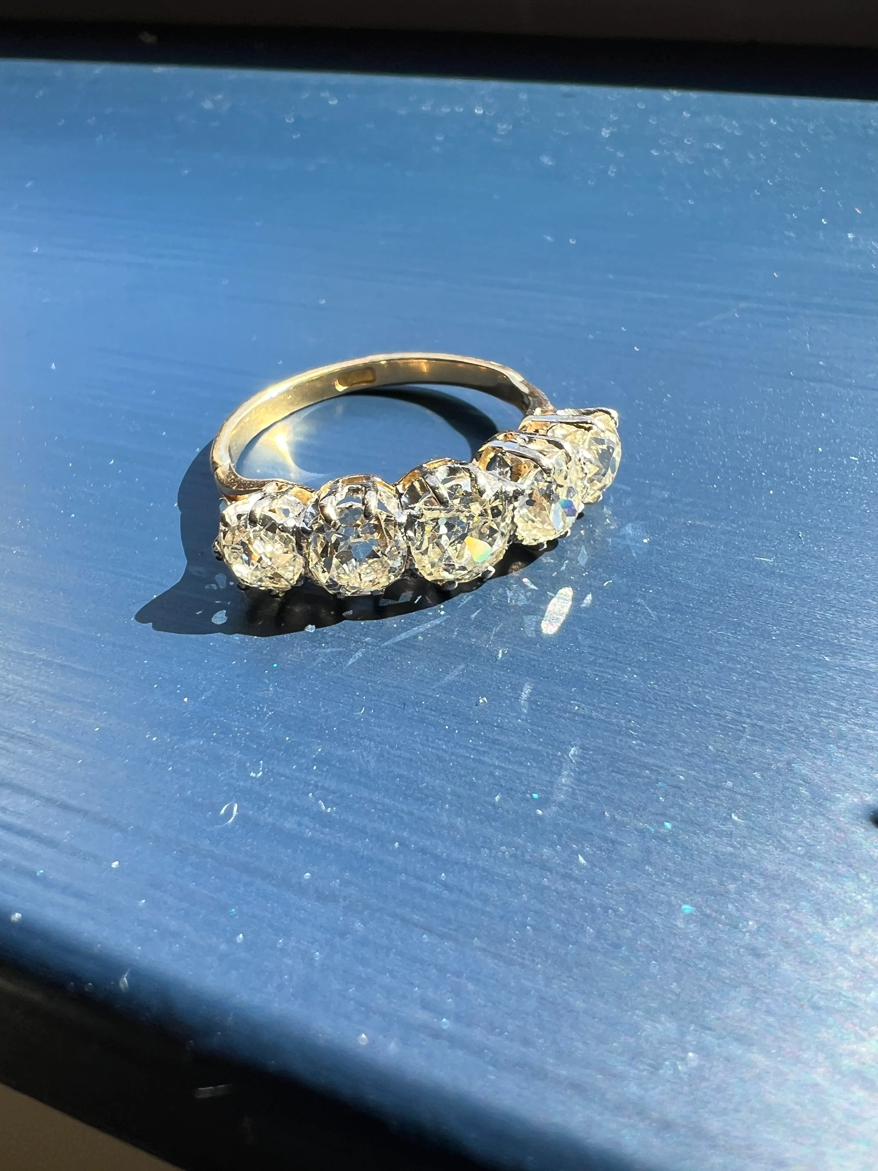 Antique 2.5 Carat Old Mine Cut DIAMOND 18k Gold Five Stone Ring Tall Band Romantic Gift Splayed Stacker - Image 12