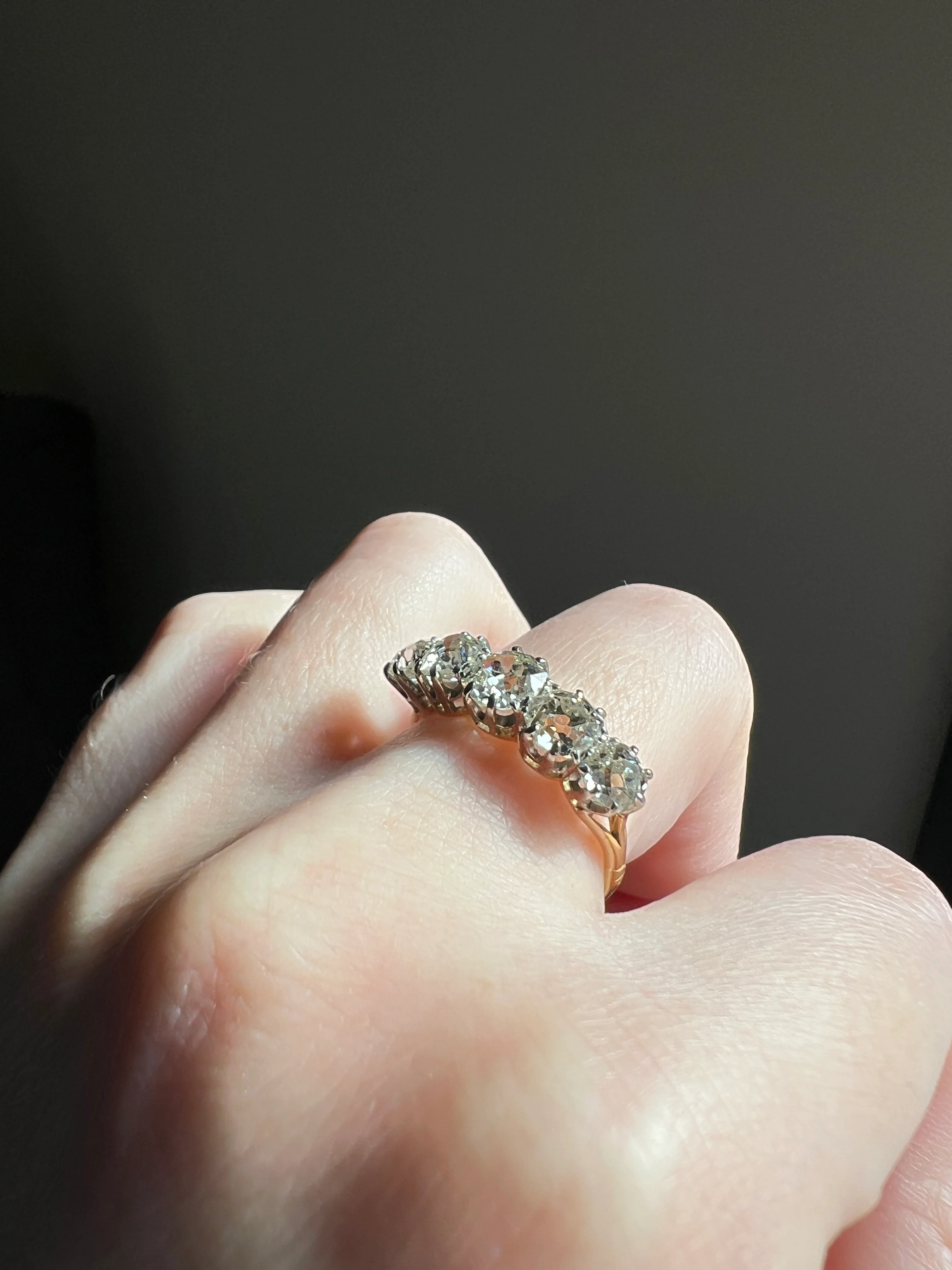 Antique 2.5 Carat Old Mine Cut DIAMOND 18k Gold Five Stone Ring Tall Band Romantic Gift Splayed Stacker - Image 19