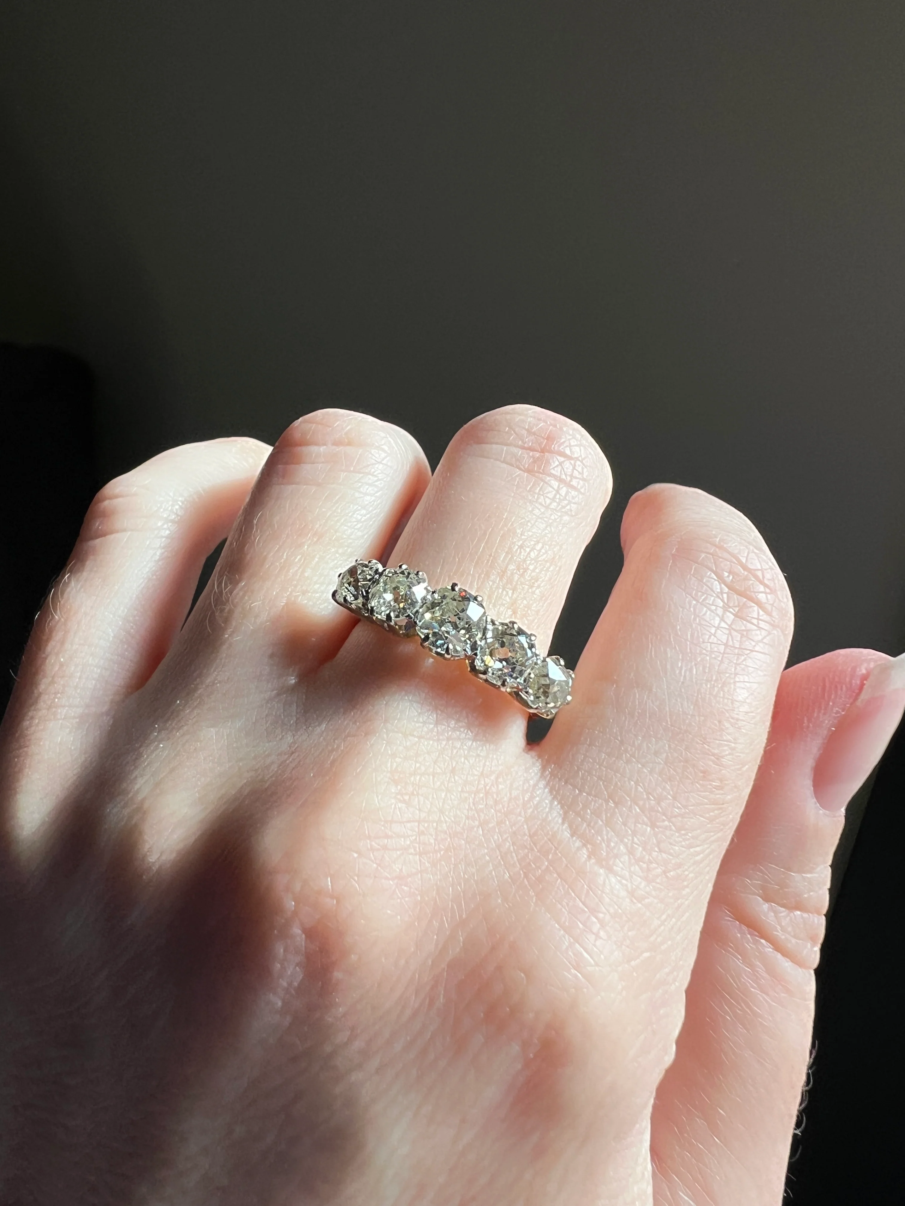 Antique 2.5 Carat Old Mine Cut DIAMOND 18k Gold Five Stone Ring Tall Band Romantic Gift Splayed Stacker - Image 20