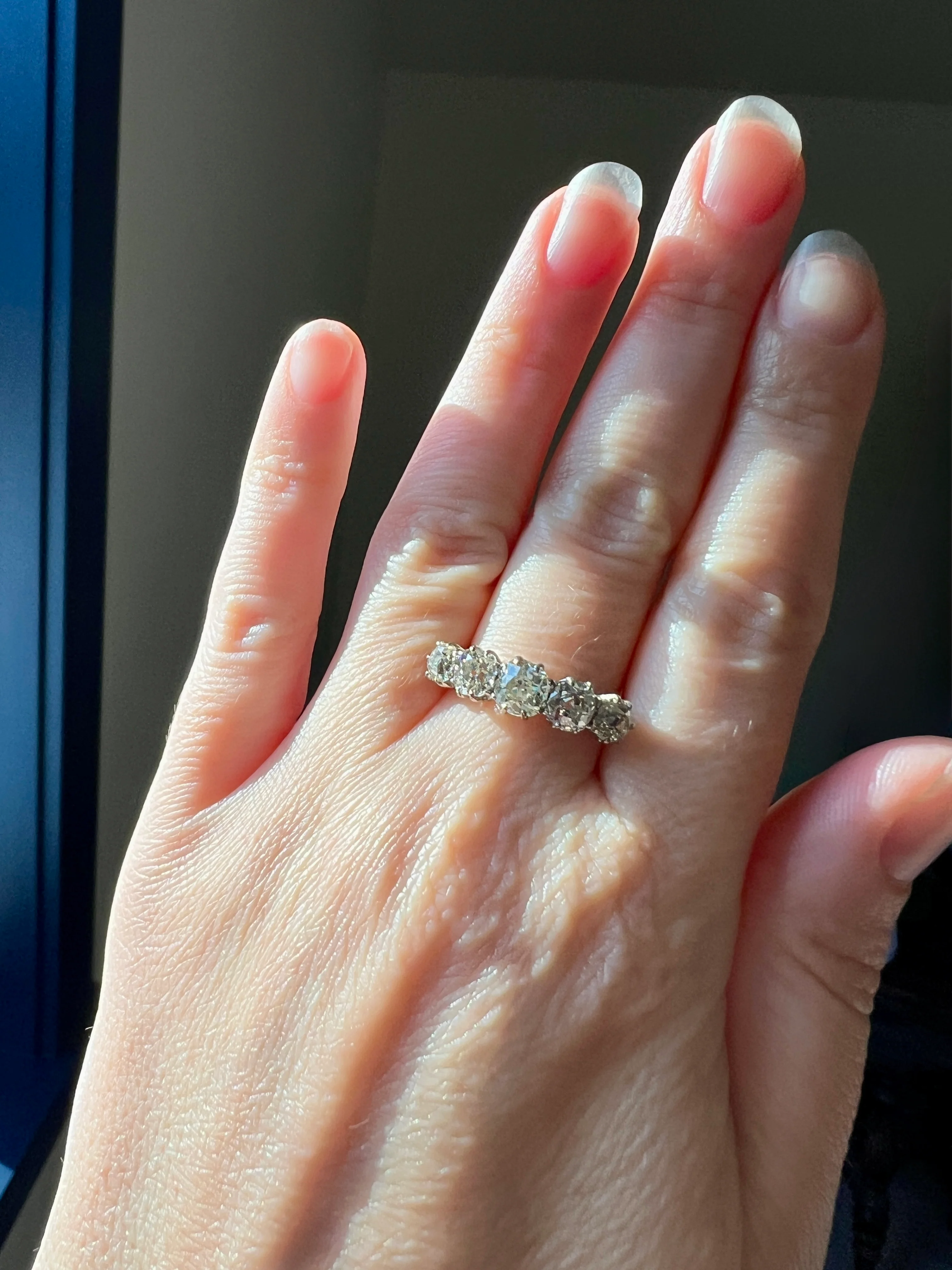 Antique 2.5 Carat Old Mine Cut DIAMOND 18k Gold Five Stone Ring Tall Band Romantic Gift Splayed Stacker - Image 27