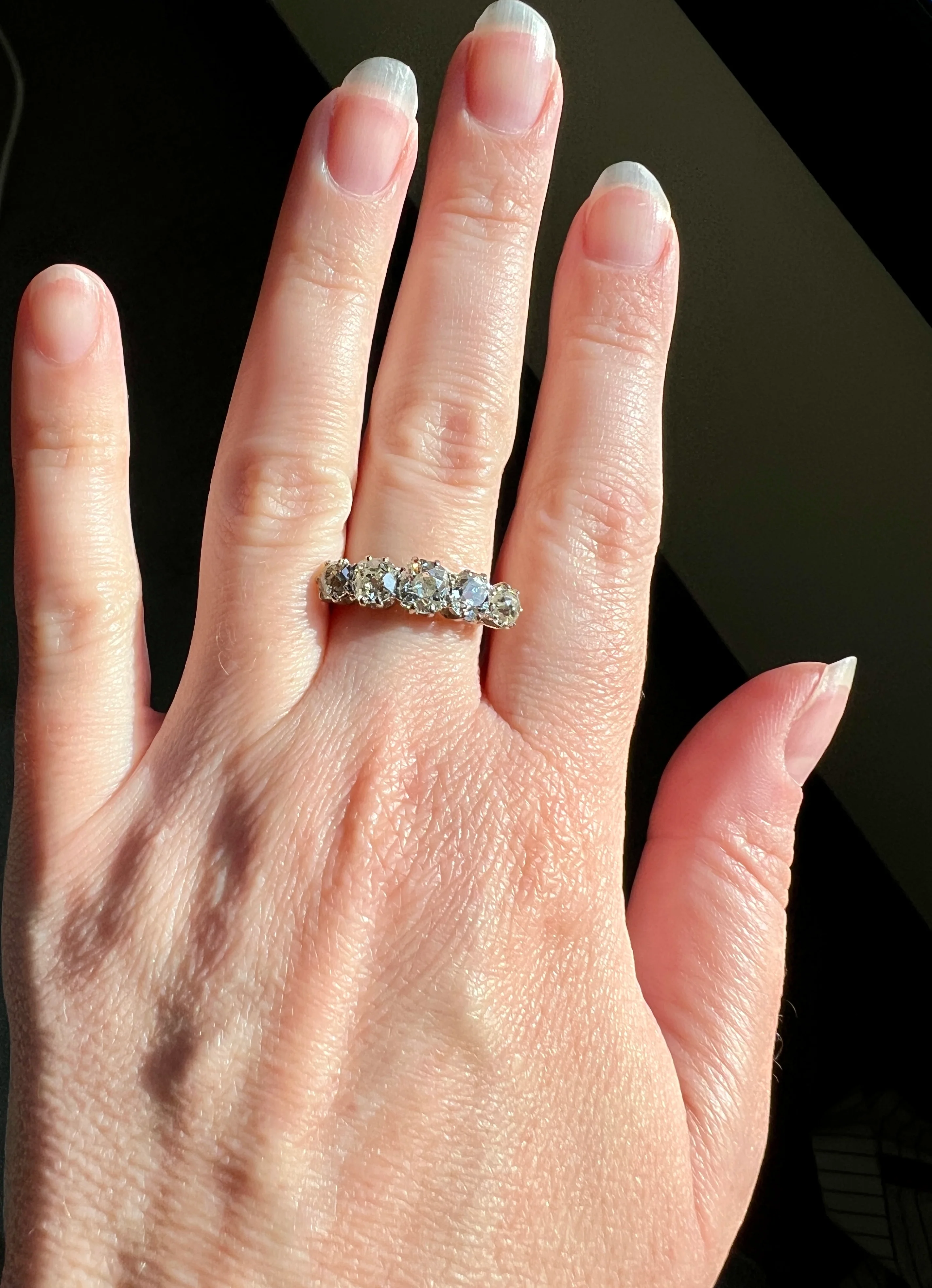 Antique 2.5 Carat Old Mine Cut DIAMOND 18k Gold Five Stone Ring Tall Band Romantic Gift Splayed Stacker - Image 28