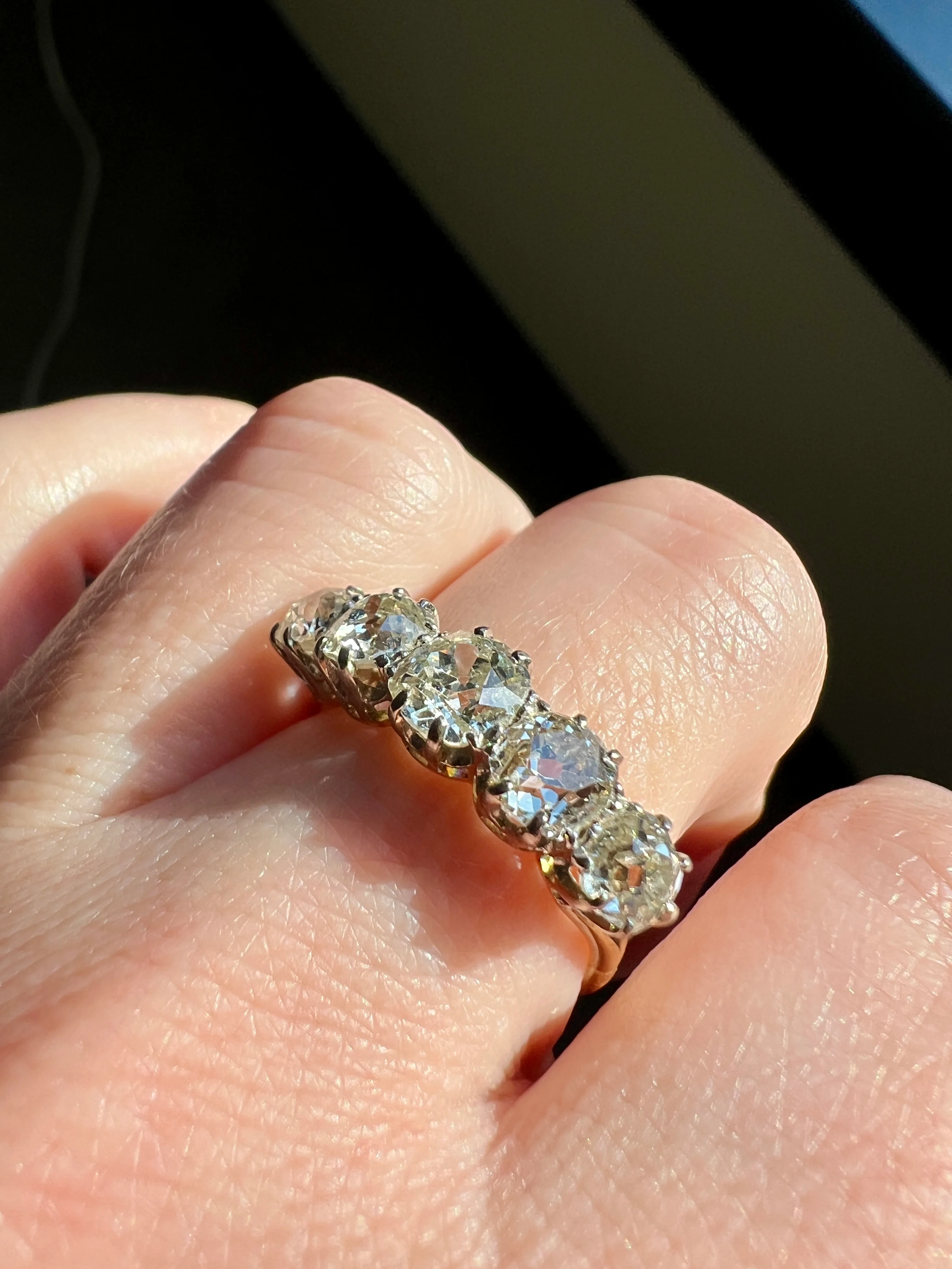 Antique 2.5 Carat Old Mine Cut DIAMOND 18k Gold Five Stone Ring Tall Band Romantic Gift Splayed Stacker - Image 29
