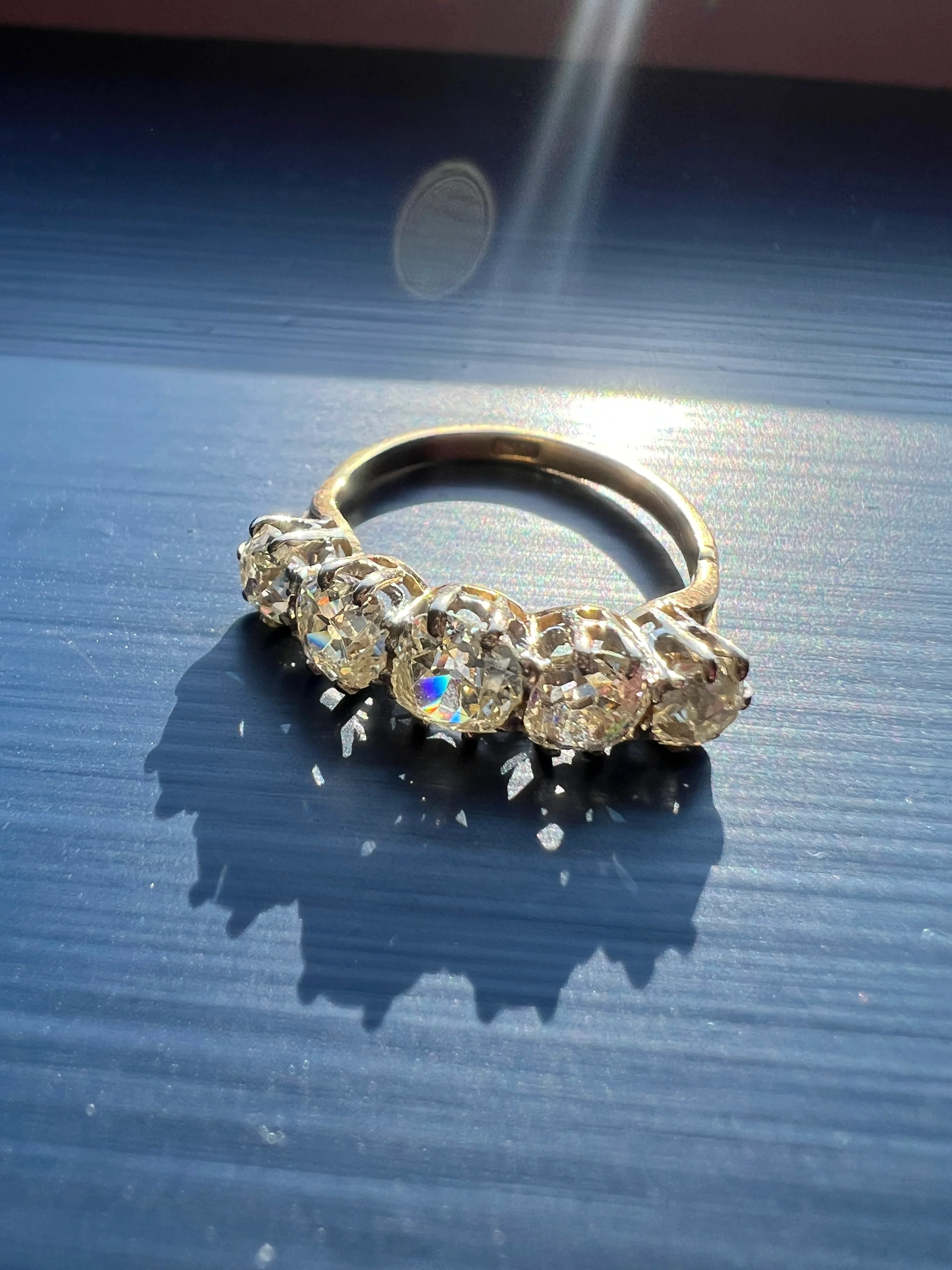 Antique 2.5 Carat Old Mine Cut DIAMOND 18k Gold Five Stone Ring Tall Band Romantic Gift Splayed Stacker - Image 31